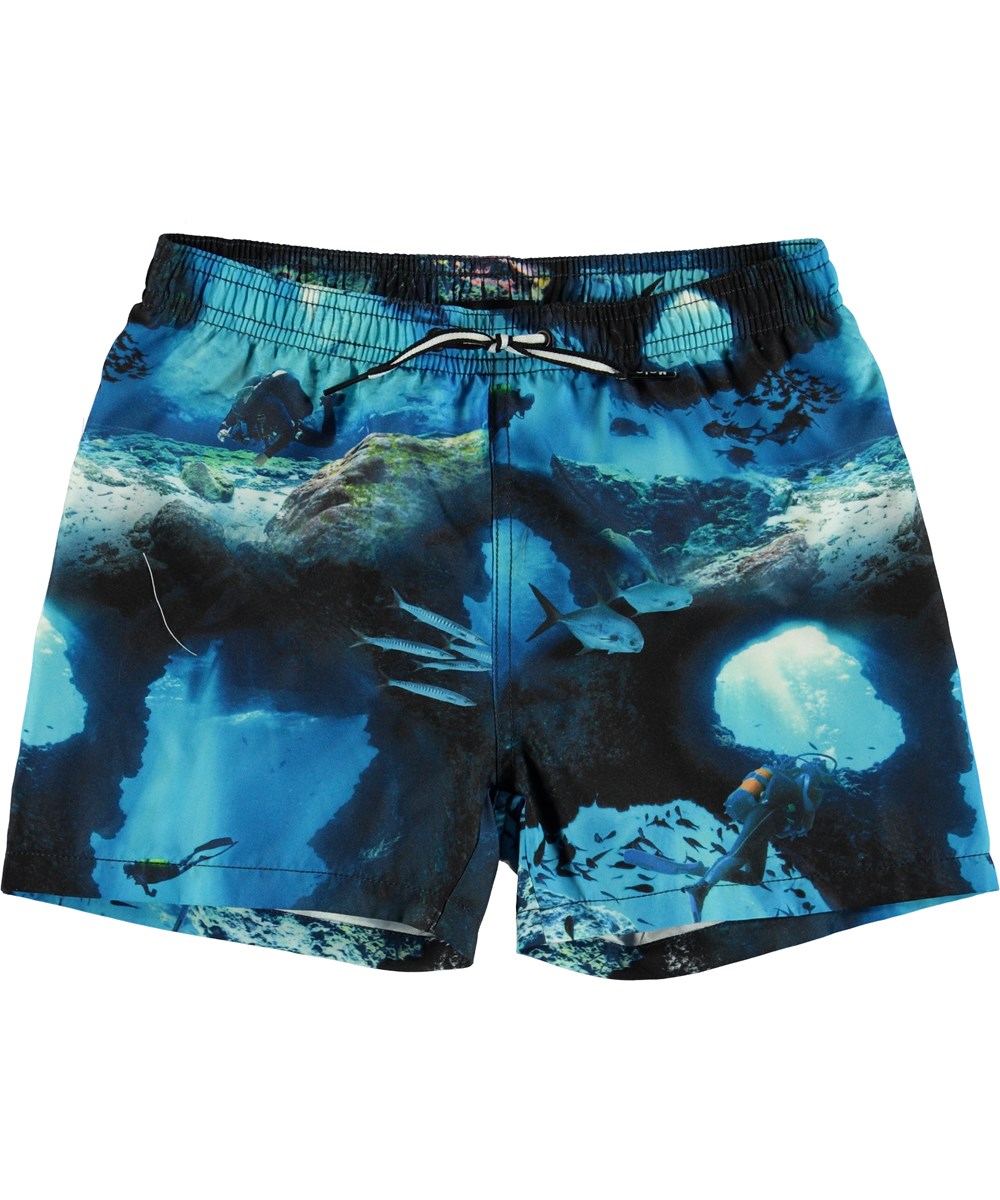 Niko - Cave Camo - UV swim trunks with diver print