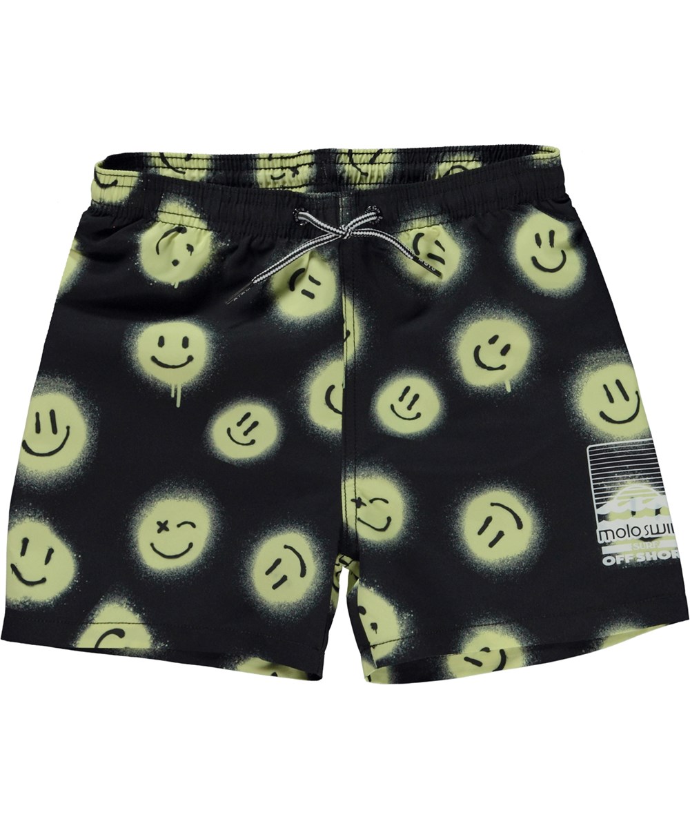 Niko - Happy Sunny - Black Swim shorts with smiley faces