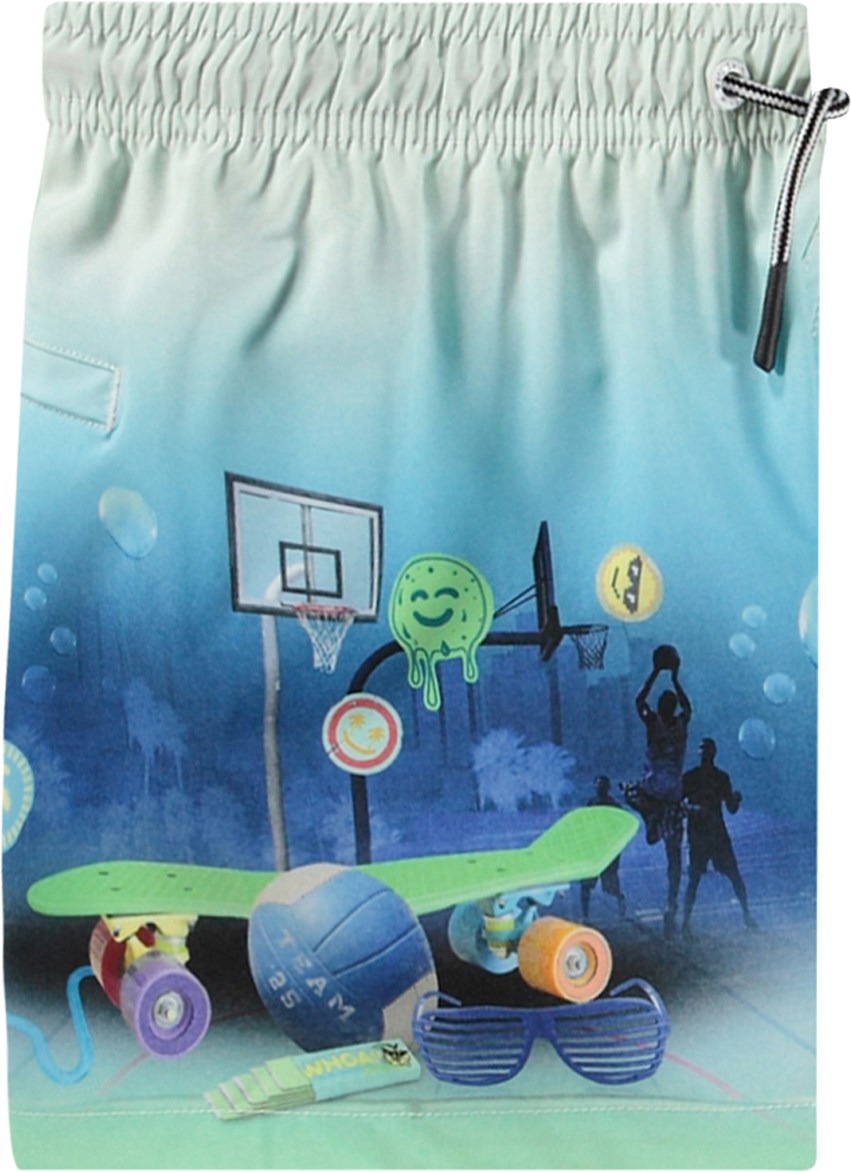 Niko - My Childhood - Light blue and light green sporty swim shorts for active children in recycled polyester with UV protection 50+.