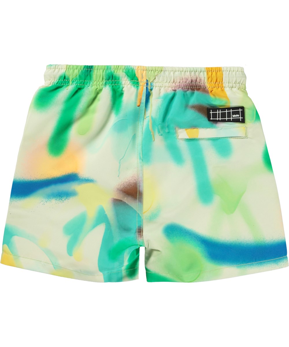 Niko - Palmtree Spray - Green swim shorts with short legs and all over graffiti palm tree print 