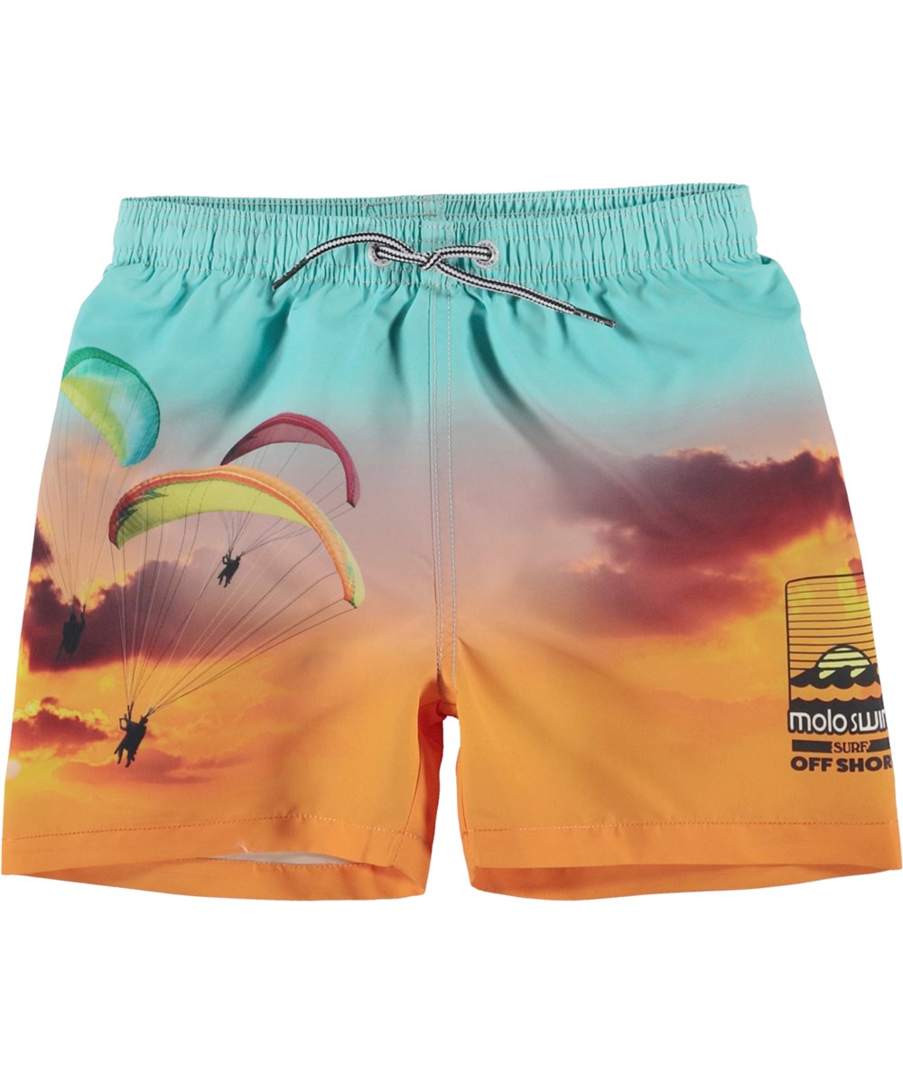 Niko - Parachute - Turquoise and orange swim shorts with skydivers 