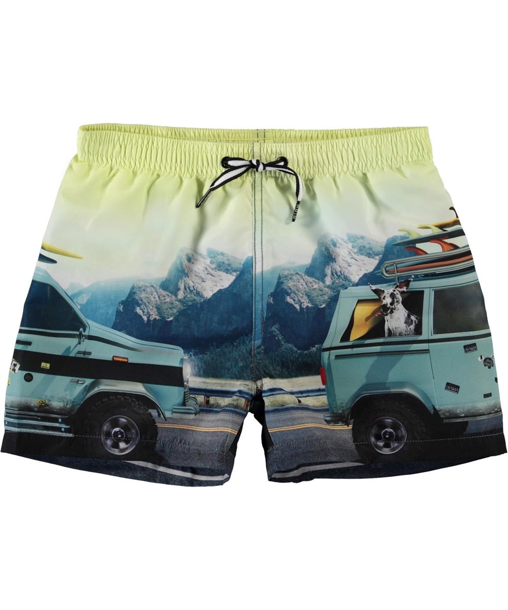 Niko - Road Trip - UV swim trunks with a car and dog 
