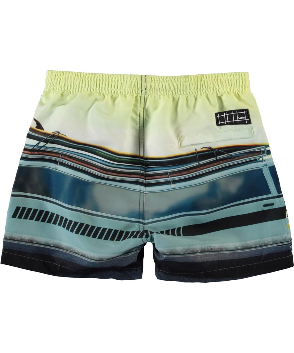 Niko - Road Trip - UV swim trunks with a car and dog 