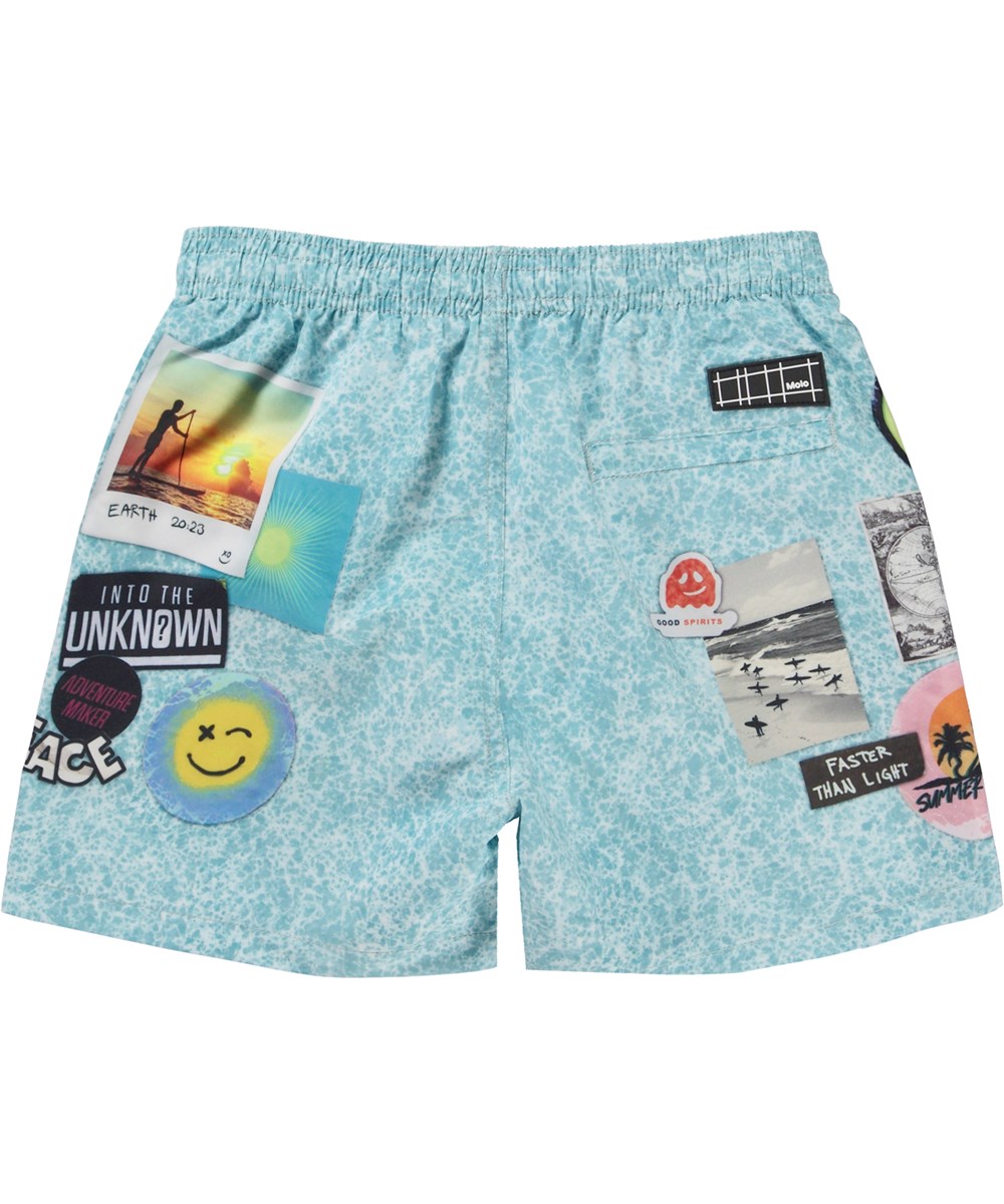 Niko - Stickers - Light blue swim shorts with print of stickers 