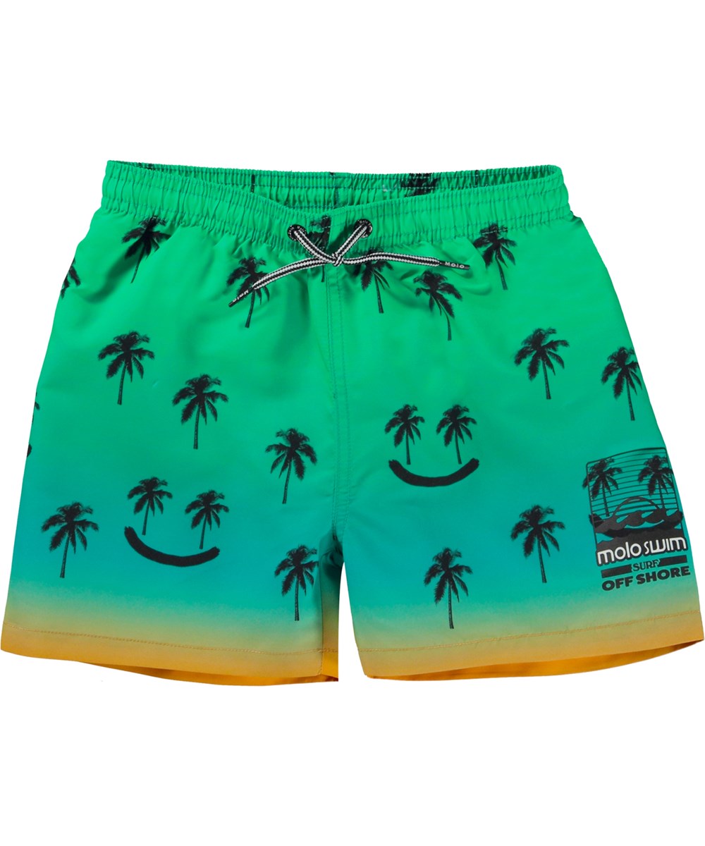 Niko - Summer Happy - Green swim shorts with orange background and palm trees  