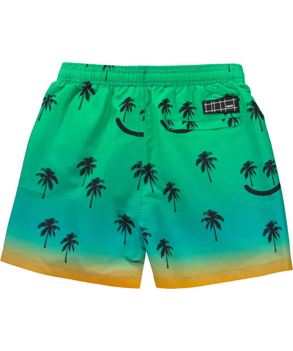 Niko - Summer Happy - Green swim shorts with orange background and palm trees  