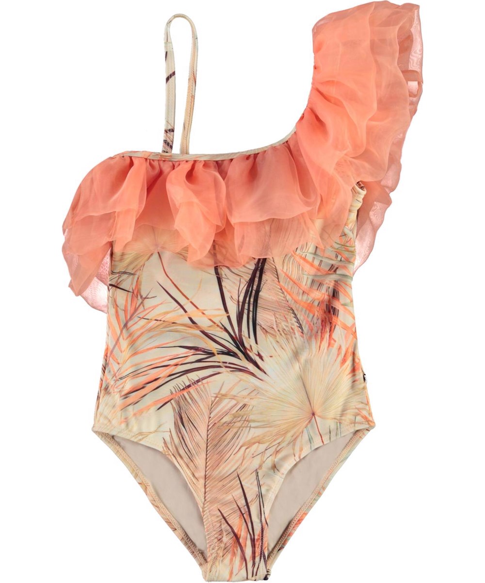 Nilla - Palm Leaves - Sculptural swimsuit with chiffon collar palm tree print
