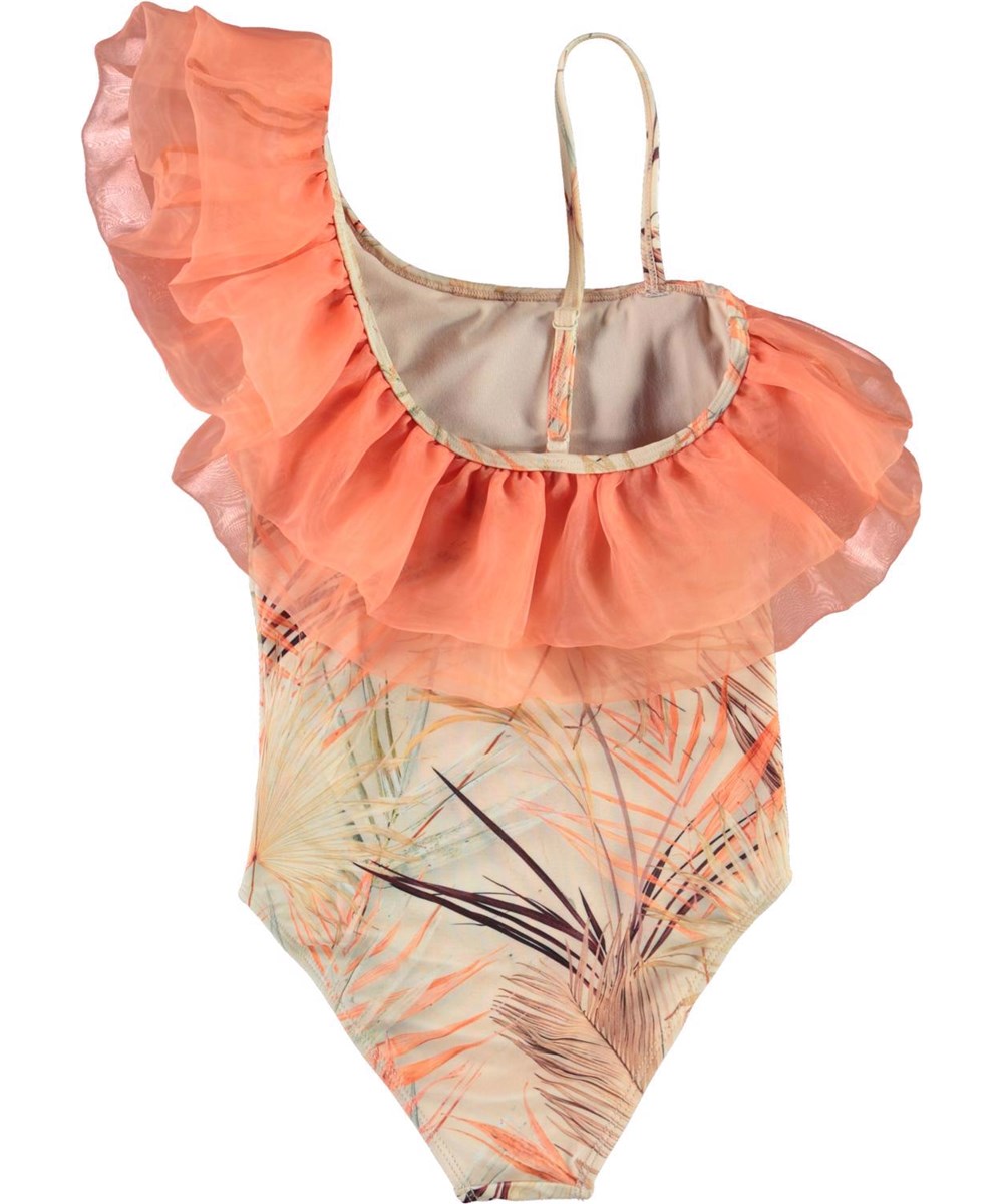 Nilla - Palm Leaves - Sculptural swimsuit with chiffon collar palm tree print