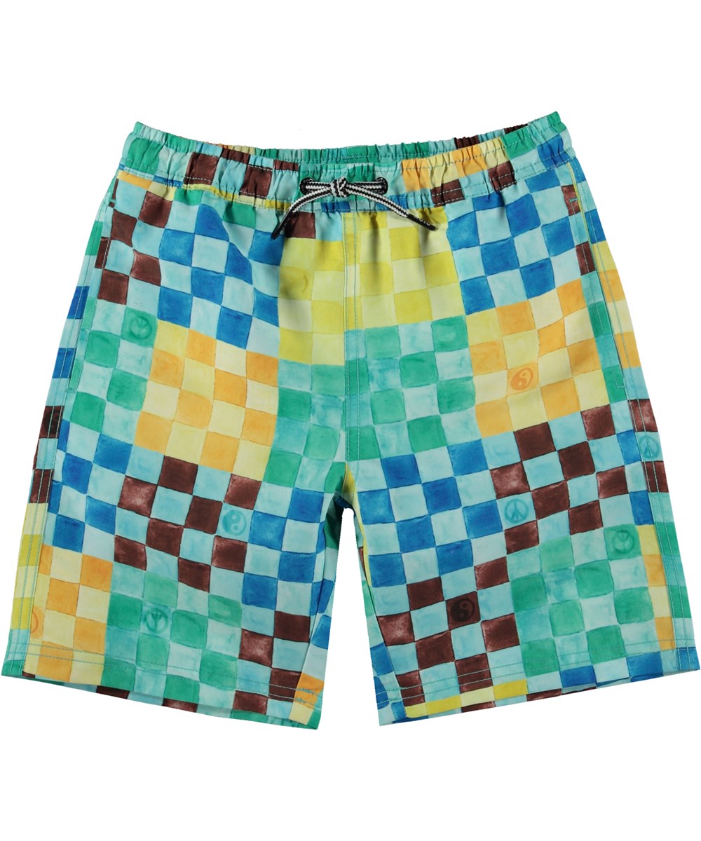 Nilson - Big Check - Multi-coloured swim shorts with long legs and all over, watercolour checker print