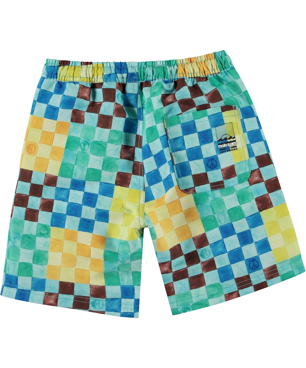 Nilson - Big Check - Multi-coloured swim shorts with long legs and all over, watercolour checker print