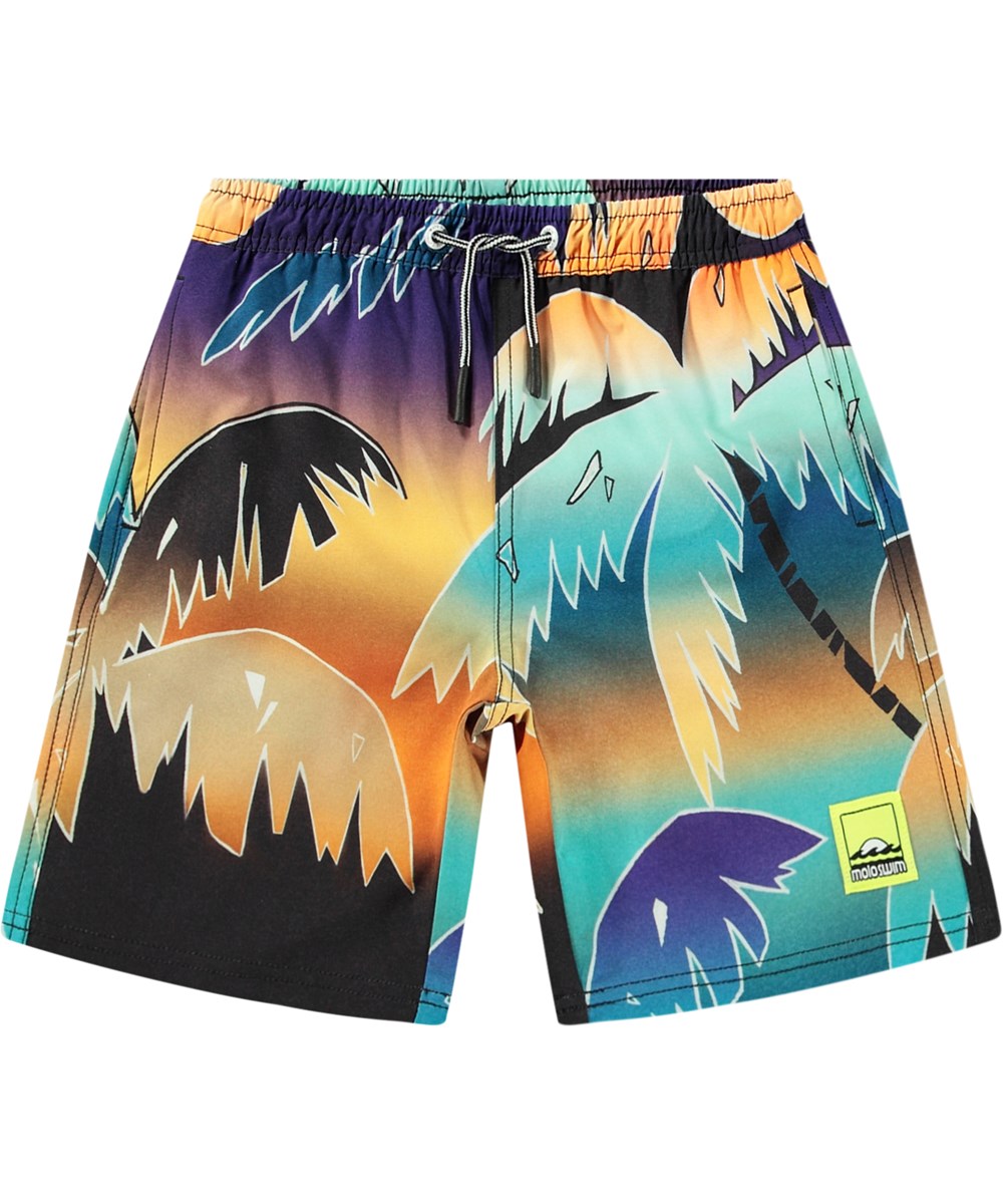 Nilson - Faded Palmtrees - Knee-length swim shorts for active children in recycled polyester with UV protection 50+.