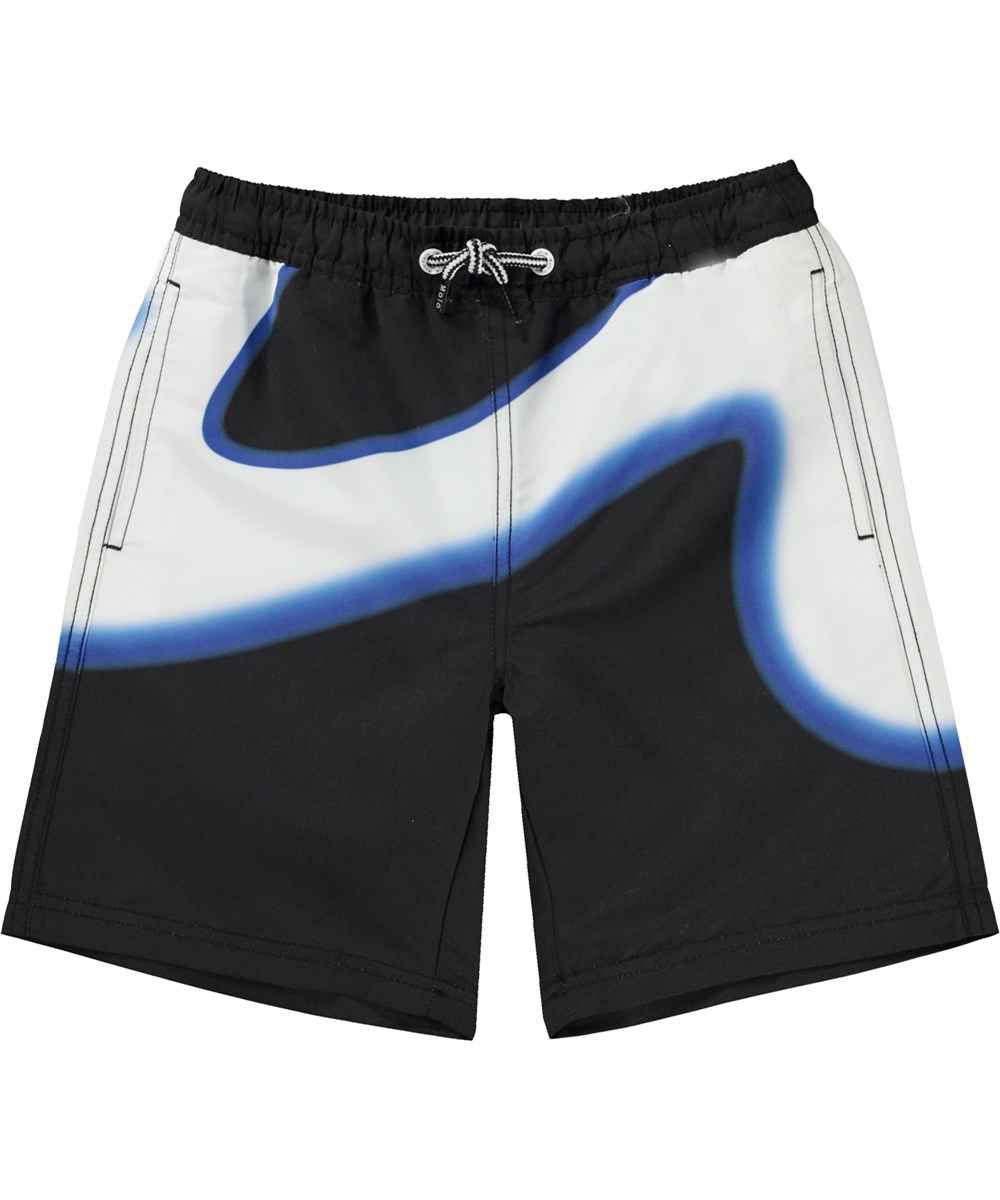 Nilson - Wave - Black swim shorts with long legs and placement wave print 