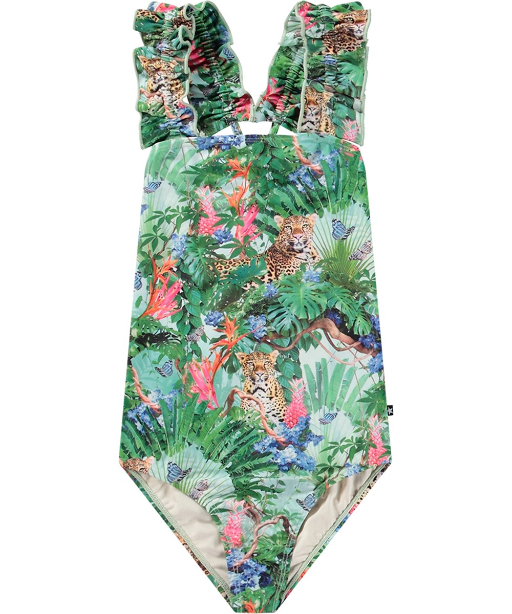 Nitika - Green Tropical - Green swimsuit for active children in recycled polyester with UV protection 50+.