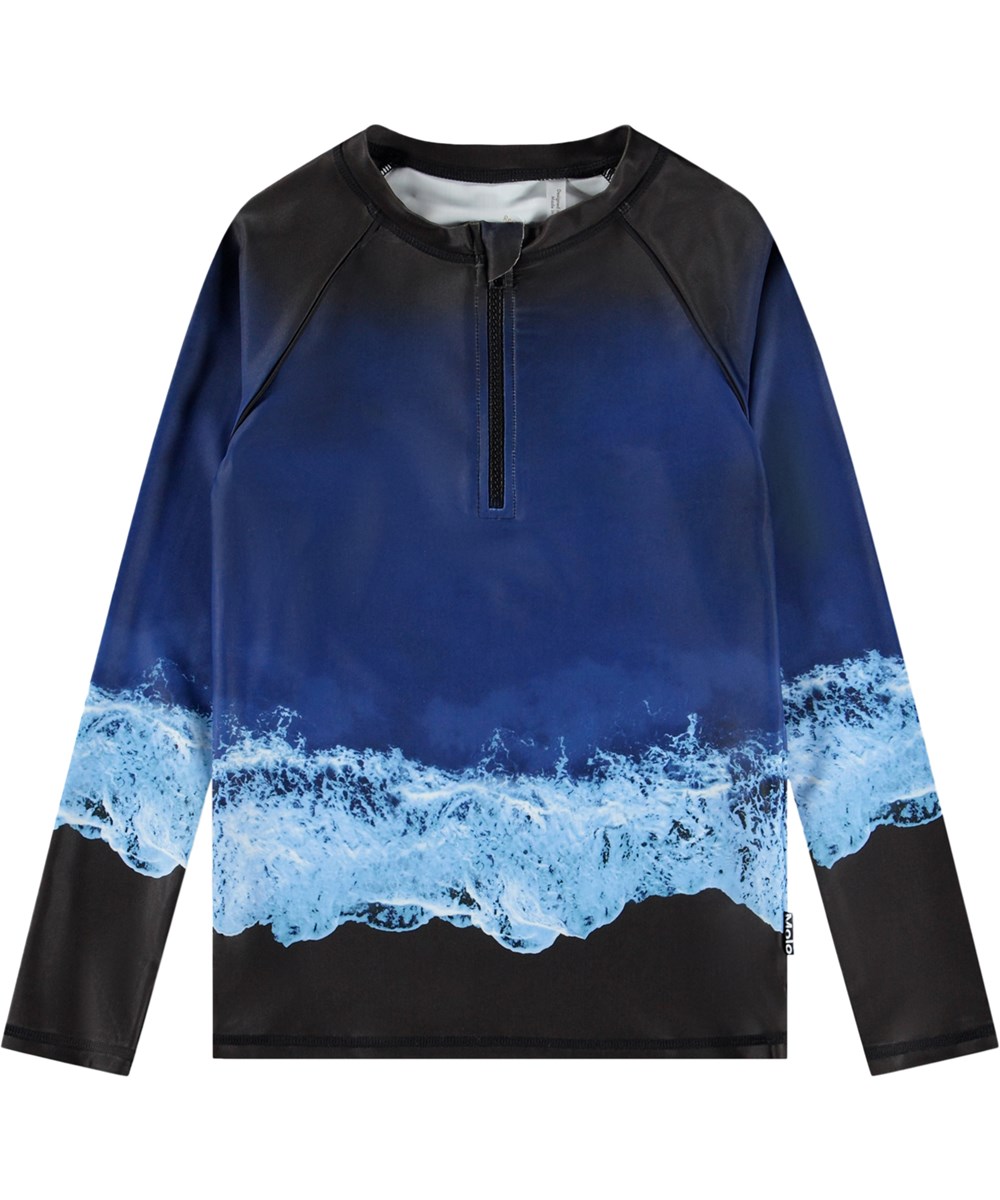 Noble - Big Ocean - Blue swim shirt with sea print and zip for children made from recycled polyester with UV protection 50+.