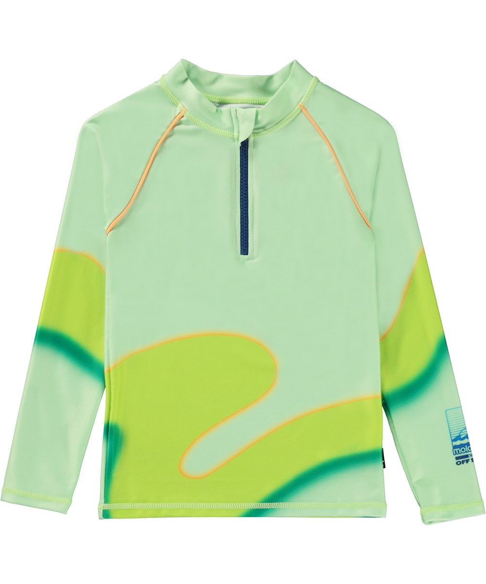 Noble - Lime Wave - Green, long sleeve rash guard with zip closure and wave print