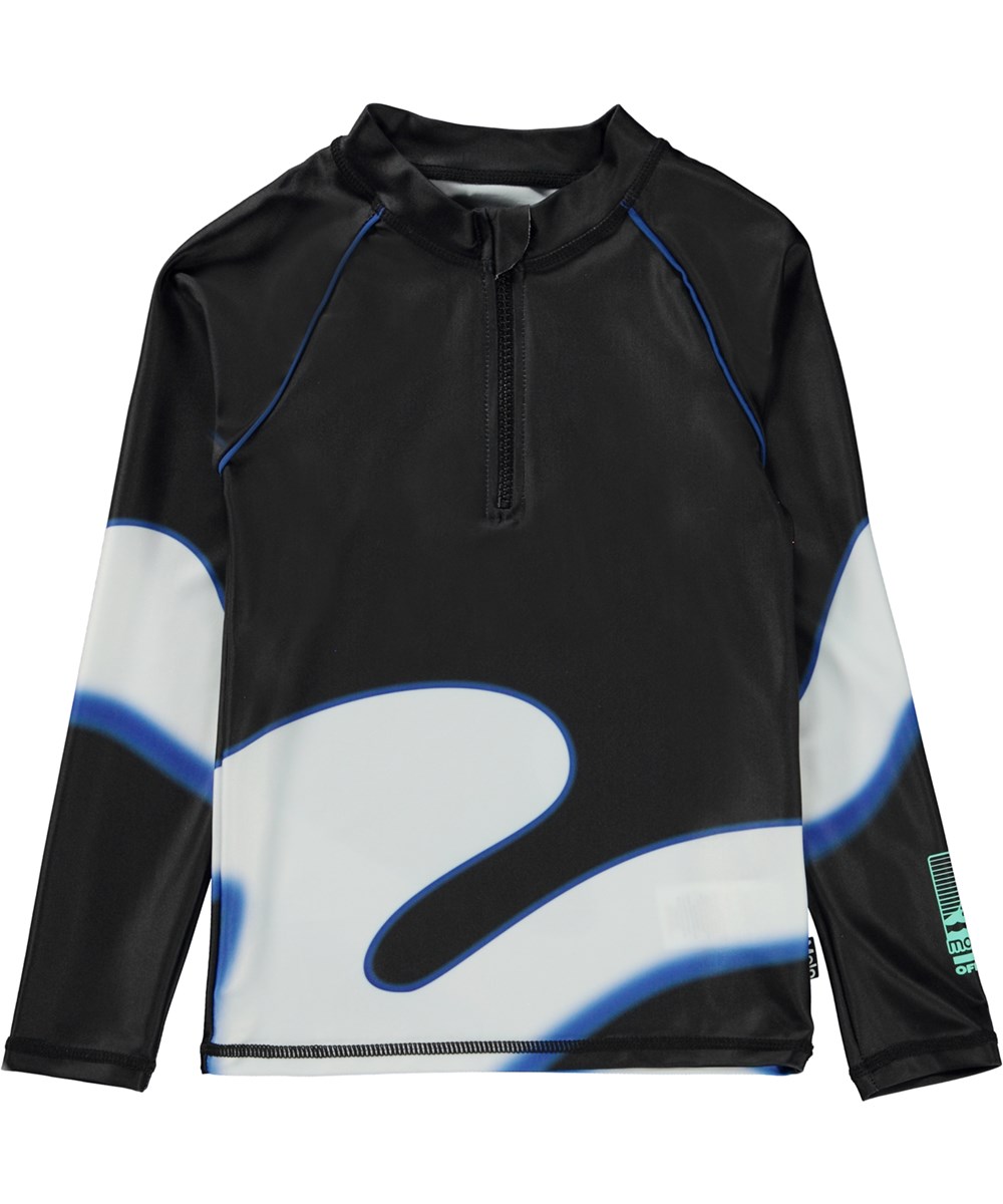 Noble - Wave - Black, long sleeve rash guard with zip closure and wave print