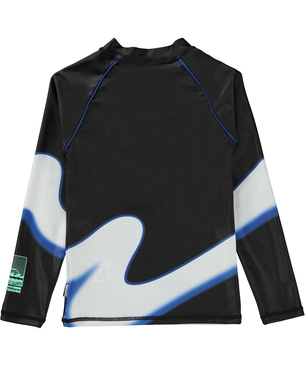 Noble - Wave - Black, long sleeve rash guard with zip closure and wave print