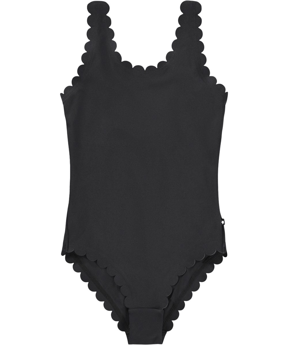 Noelle - Black - Black swimsuit with wave edges for children made from recycled polyester with UV protection 50+.
