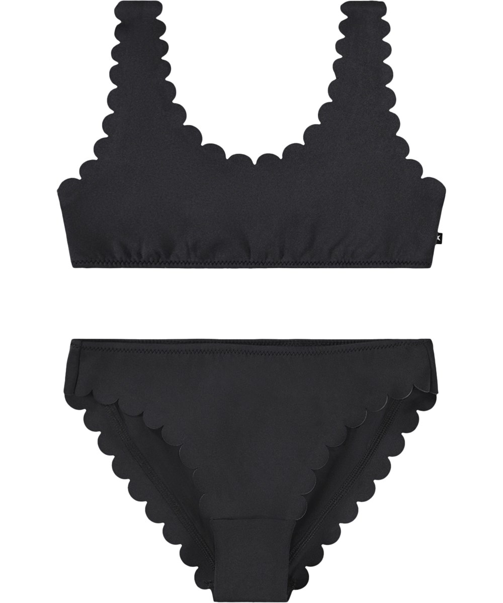 Nolina - Black - Black bikini for active children with wavy edge, made from recycled polyester with UV protection 50+.