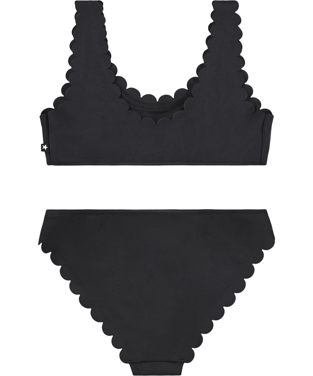 Nolina - Black - Black bikini for active children with wavy edge, made from recycled polyester with UV protection 50+.