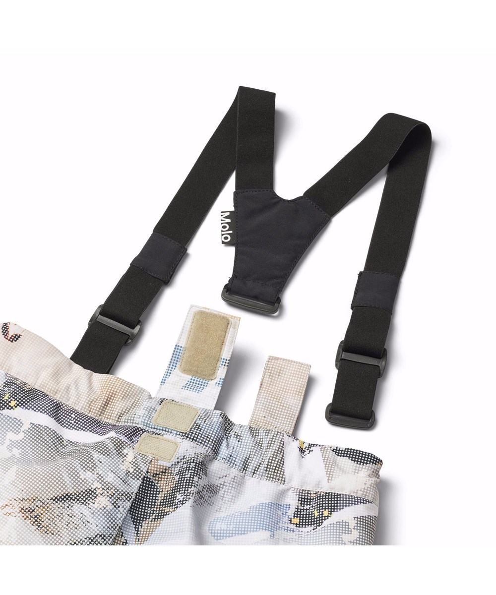 Jump Pro - Spin 1260 - Vind- och vattentäta byxor för barn i återvunnen polyester med ett pixeltryck av en cool snowboardåkare i Alperna.