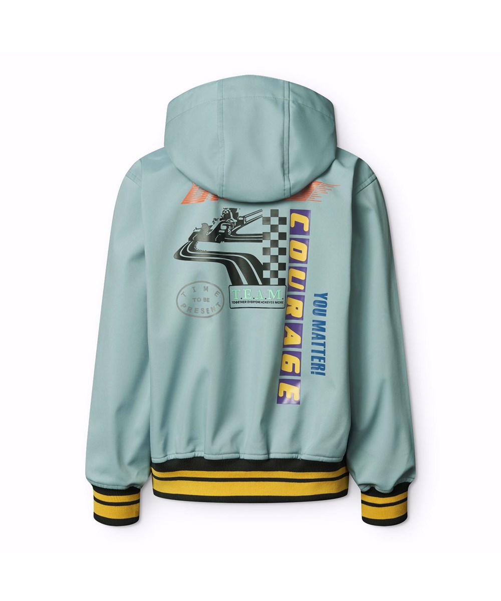 Cloudy - Misty Blue - Blå vind- och vattenavvisande softshelljacka för barn i återvunnen polyester, med små tryck av positiva uttalanden och meddelanden från kollektionens teman.