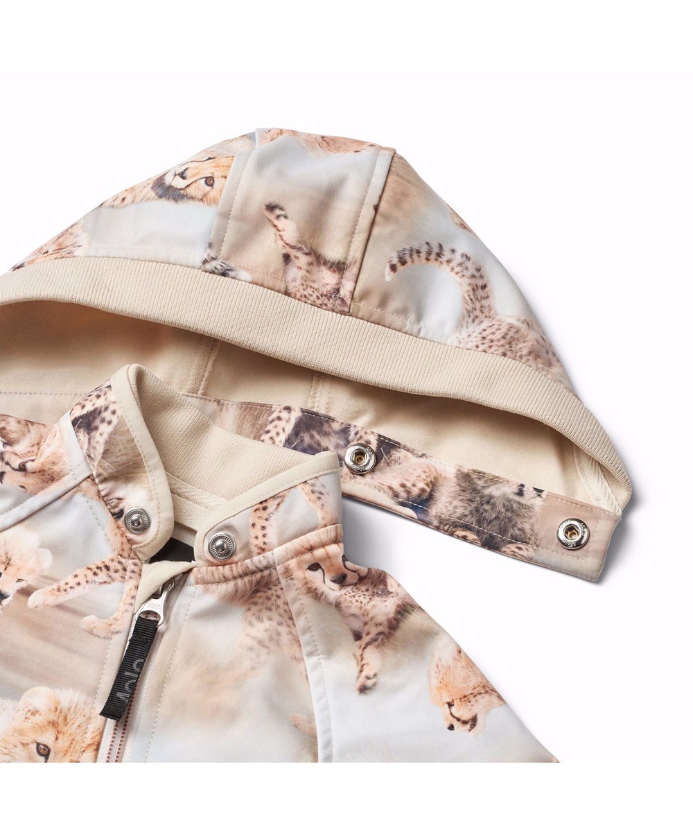 Hill - Cheetah Cubs - Blå och beige vind- och vattentät softshell-dräkt för spädbarn i återvunnen polyester med färgglatt mönster av gepardungar.