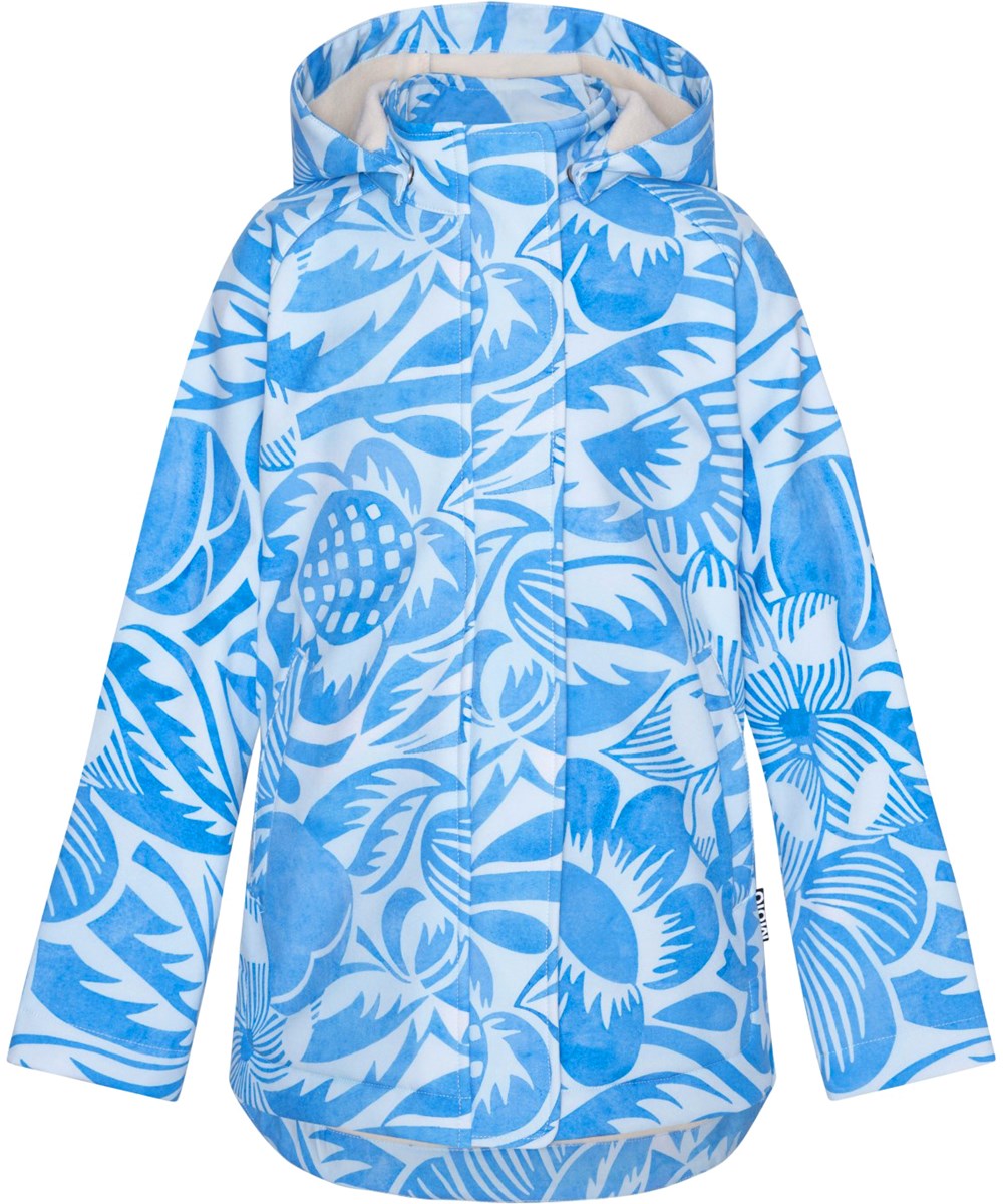 Hillary - Charleston Blue - Blå softshelljacka med blad och blommor i delvist återvunnen polyester. 