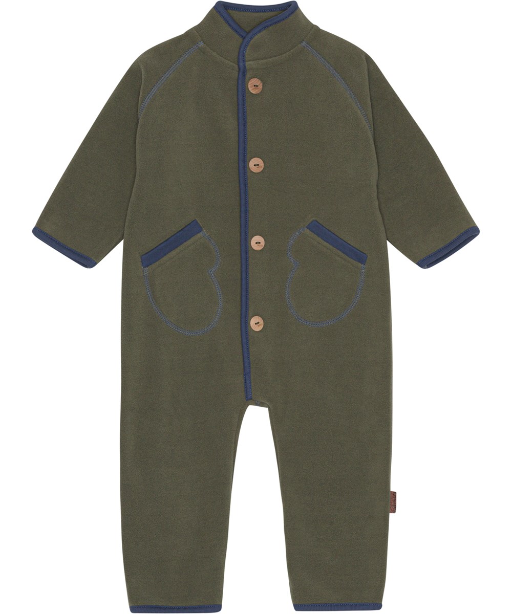 Udo - Dusty Green - Mörkgrön baby fleecedräkt  i 100% återvunnen polyester