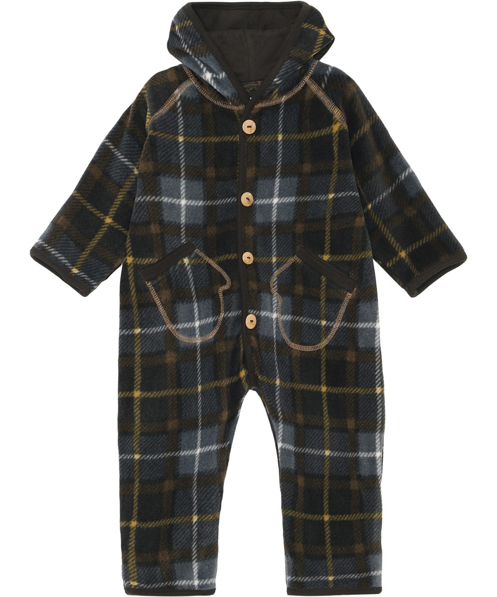 Udo - Grey Brown Check - Återvunnen grå- och brunrutig fleecedräkt till baby.