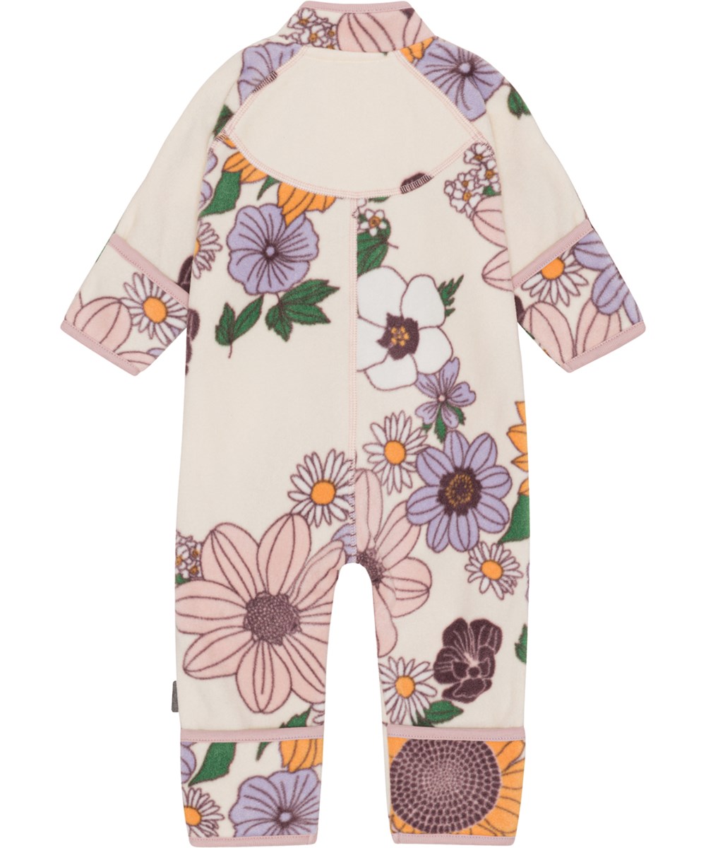 Udo - Retro Bloom - Rosa baby fleecedräkt  med blomstertryck i 100% återvunnen polyester