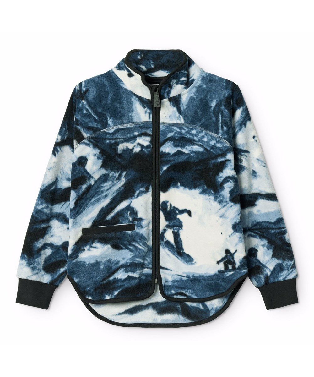 Ulani - Arty Mountains - Blå fleecejacka för barn tillverkad av återvunnen polyester med mörkblå ribbade kanter och en framficka.