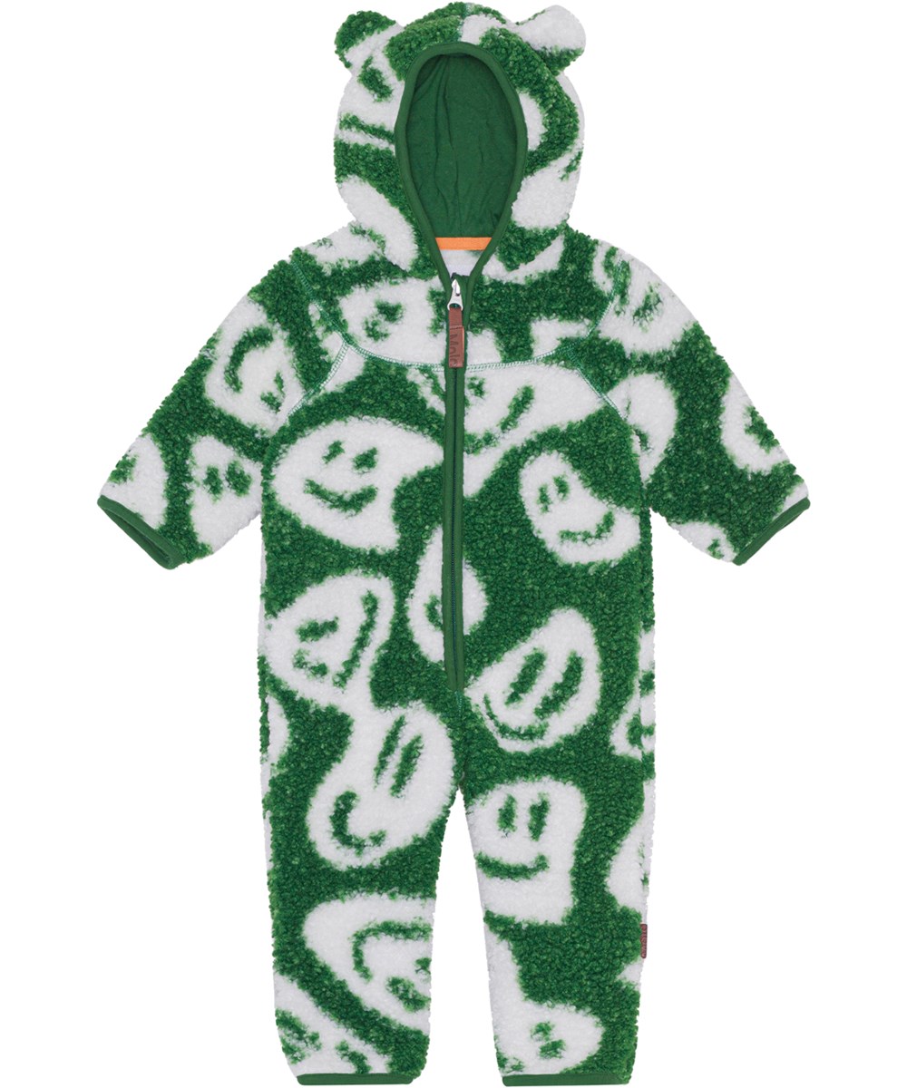 Umeko - Smile On Green - Mörkgrön baby fleecedräkt  med tryck av vita smileys i 100% återvunnen polyester