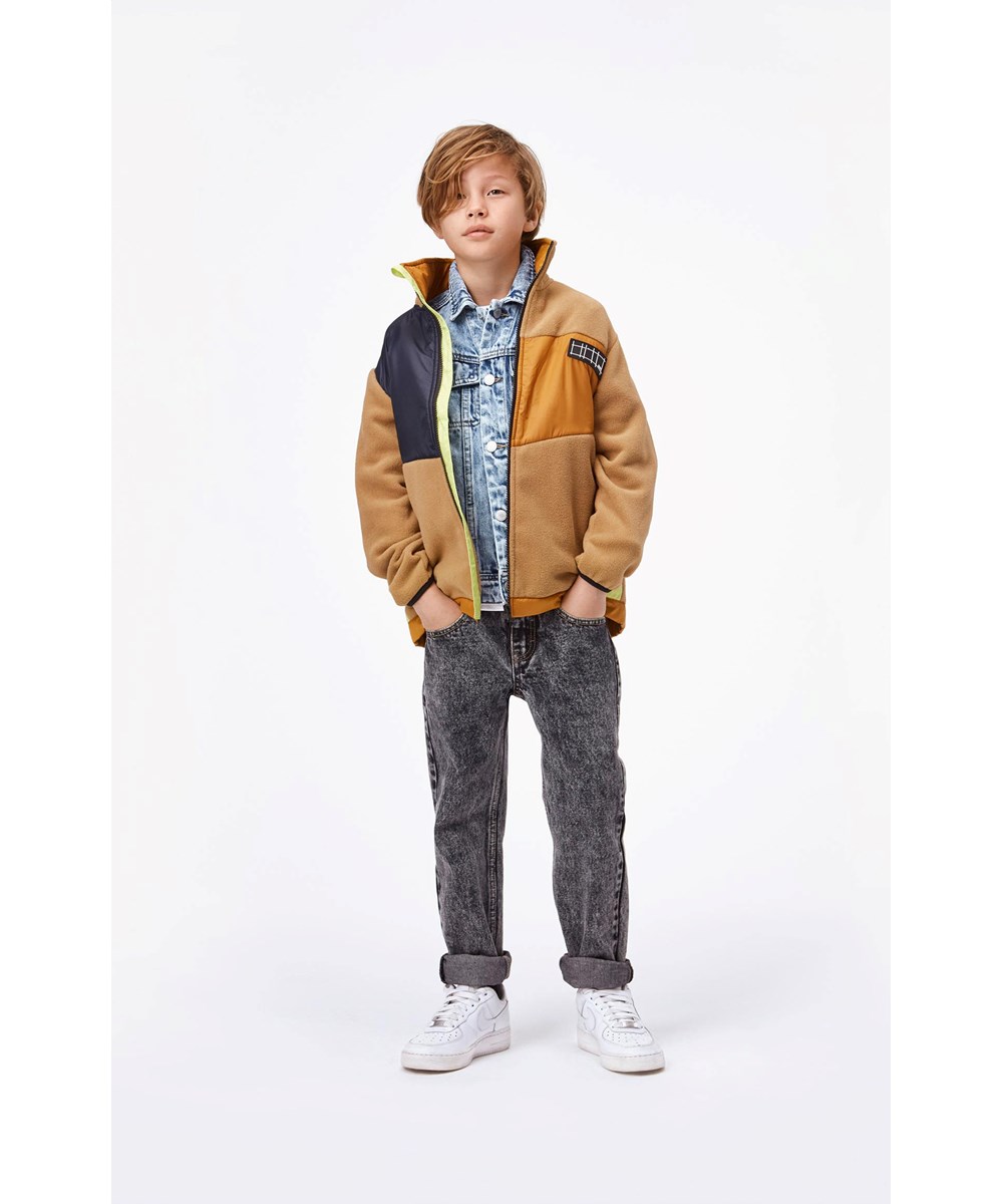 Urbain - Khaki - Beige fleecejacka med neongröna detaljer