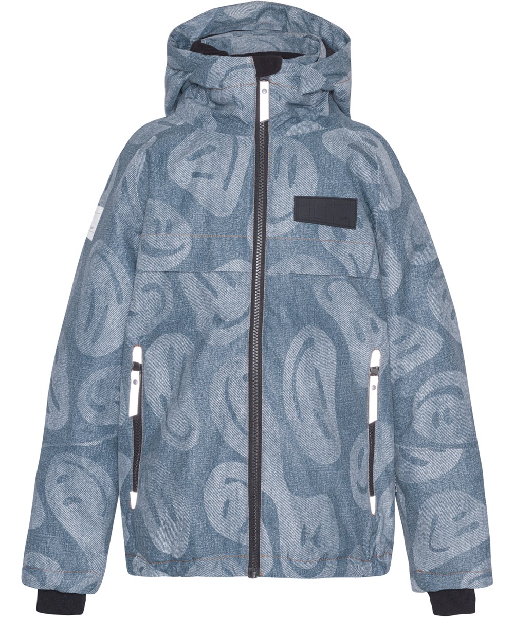 Castor - Denim Swirley - Återvunnen vinterjacka i blå med smileys.