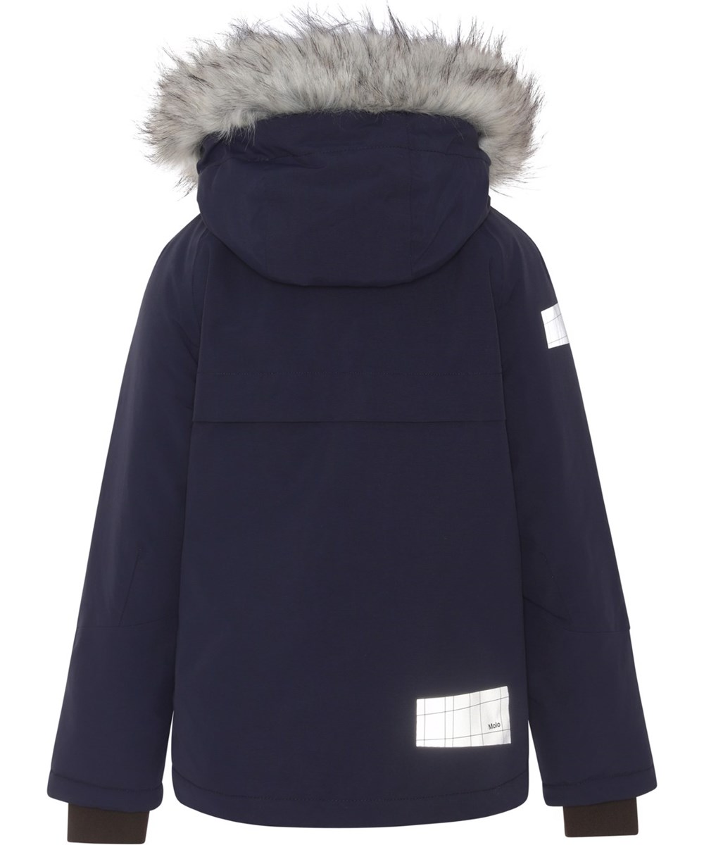 Castor Fur - Galaxy Blue - Återvunnen vinterjacka i blå med pälskrage.