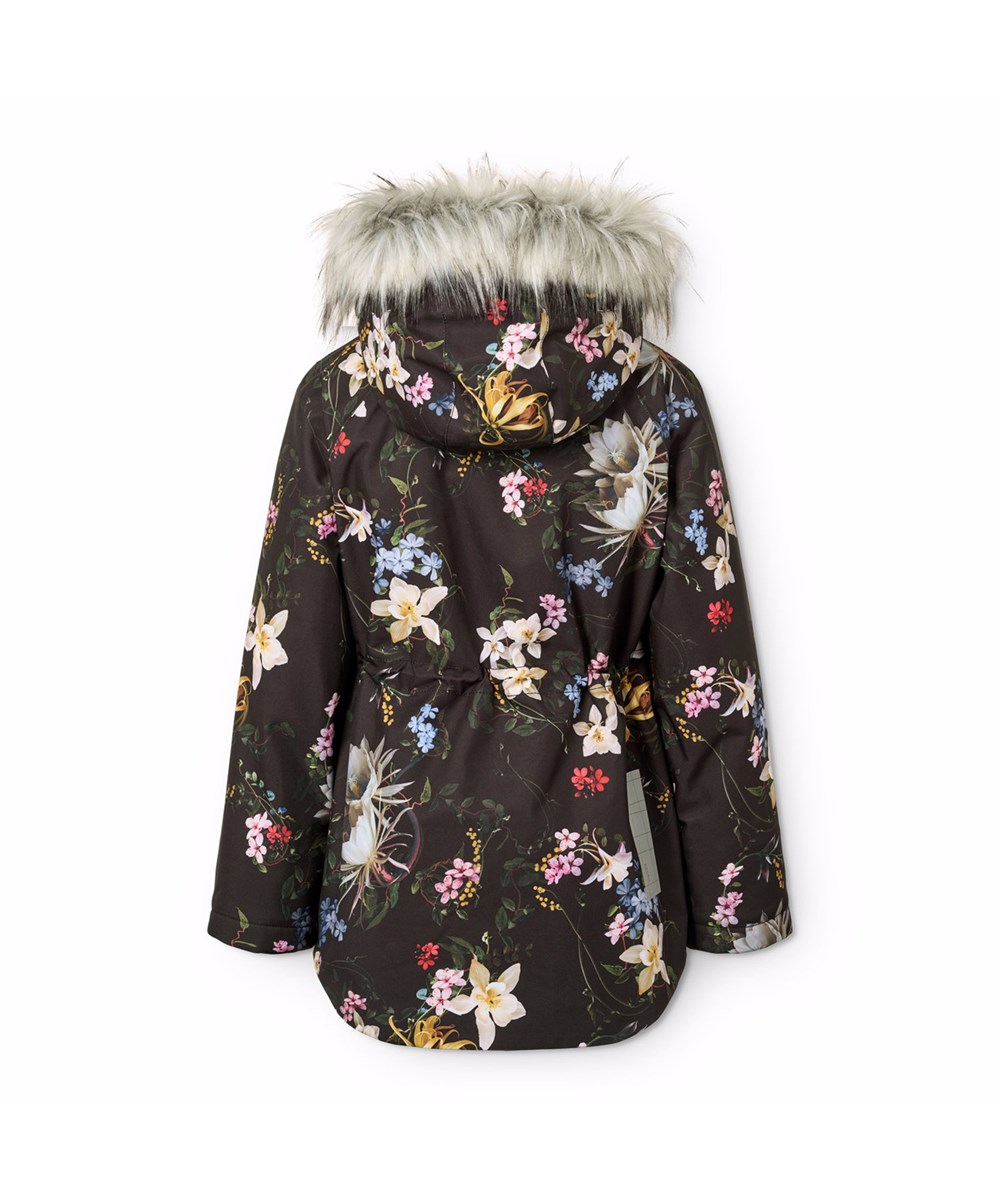 Cathy Fur - Paisley Flowers - Svart vind- och vattentät vinterjacka för barn i återvunnen polyester, vadderad med 3M™ Thinsulate™.