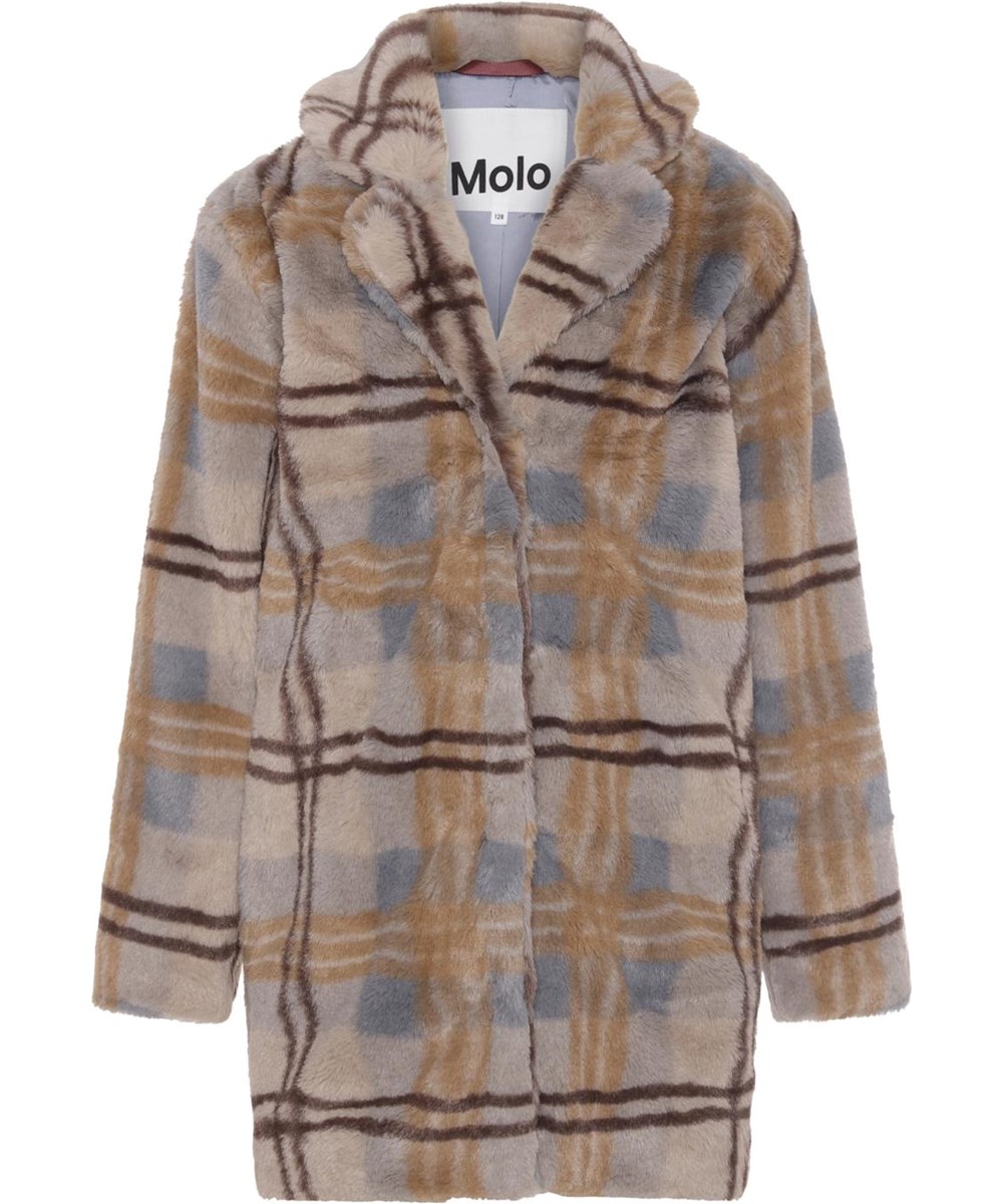 Haili - Check Fur - Fuskpälskappa med bruna och ljusblåa rutor.