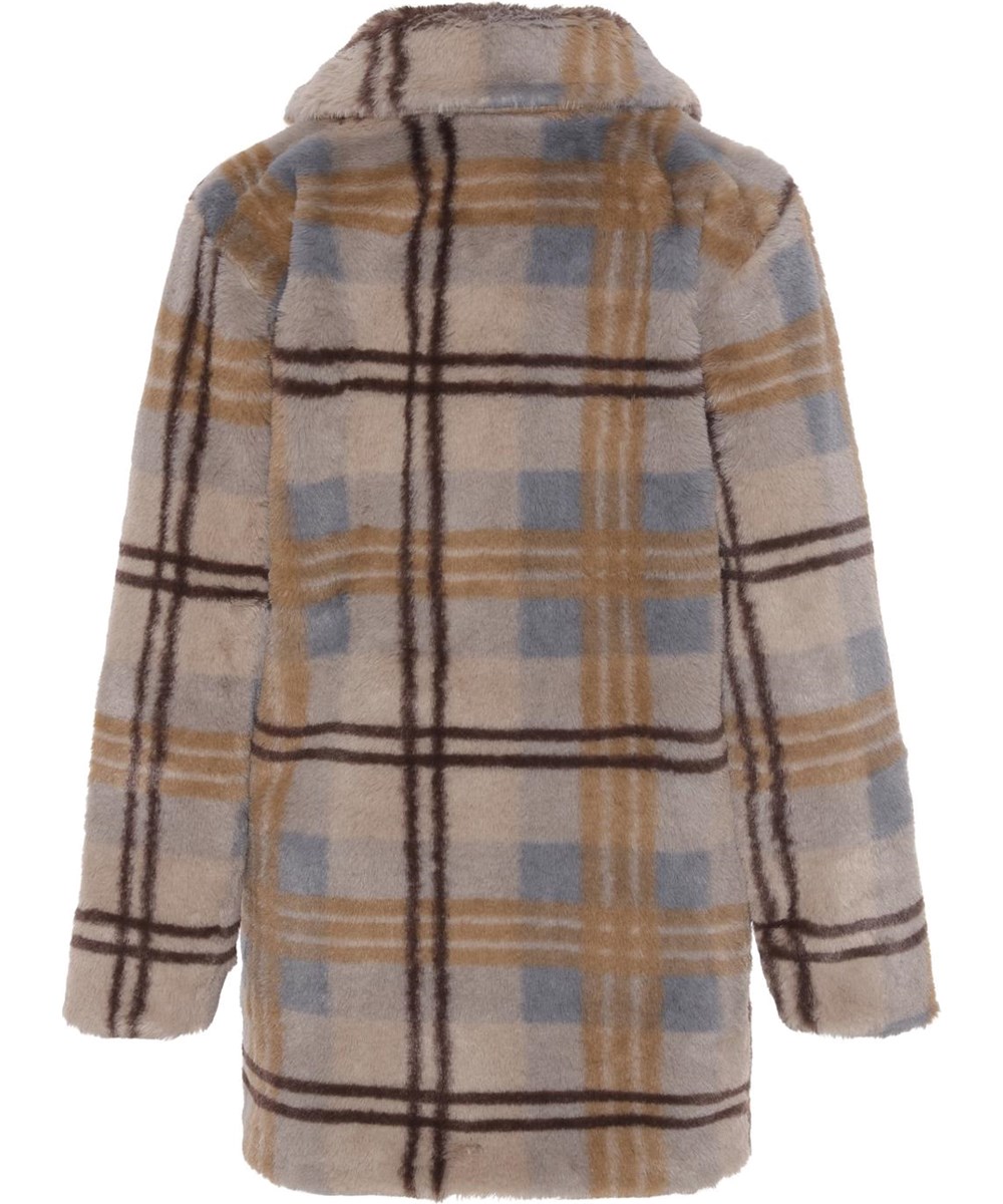 Haili - Check Fur - Fuskpälskappa med bruna och ljusblåa rutor.