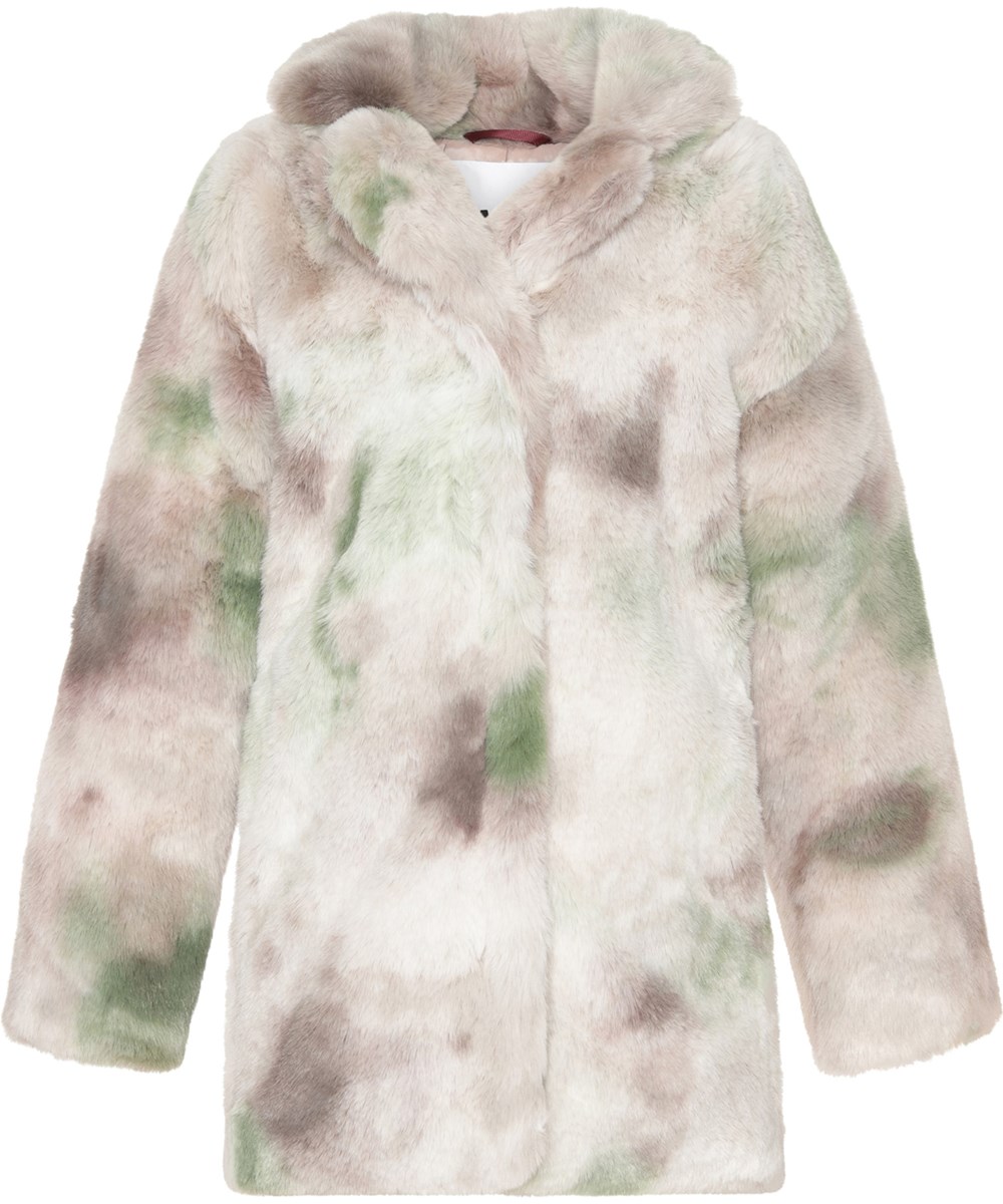Haili - Tie Dye Faux Fur - Fuskpälskappa med rosa och gröna fläckar.
