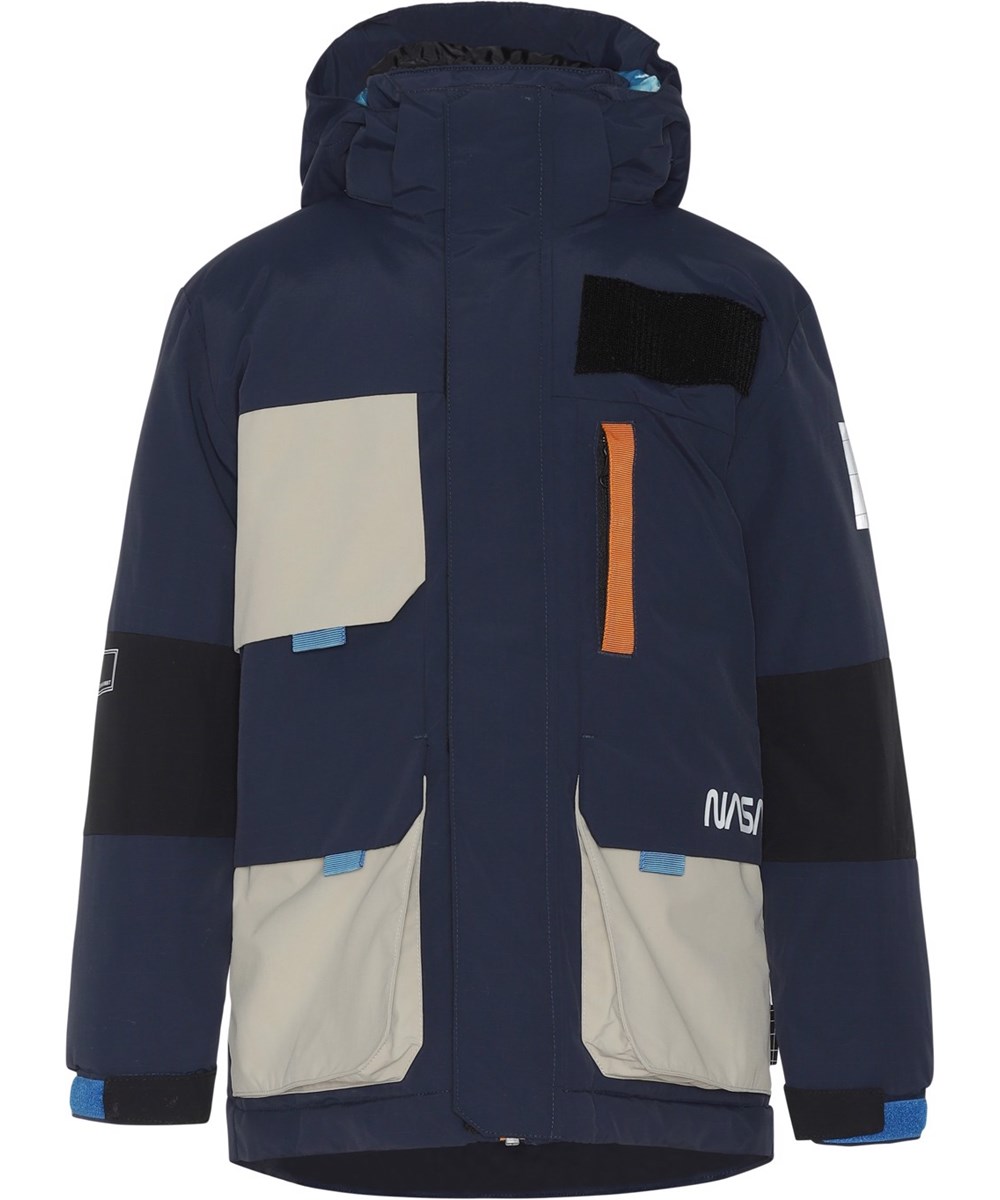 Harding - Galaxy Blue - Återvunnen jacka med ljusa fickor och mönster.