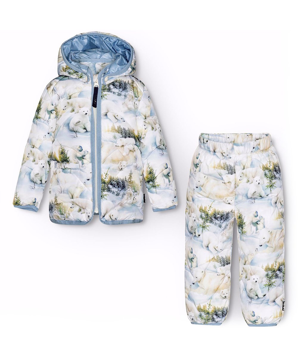 Harmony set - Snowy Bears - Vattenavvisande termoset för baby och småbarn med ljusblått foder och kantband.