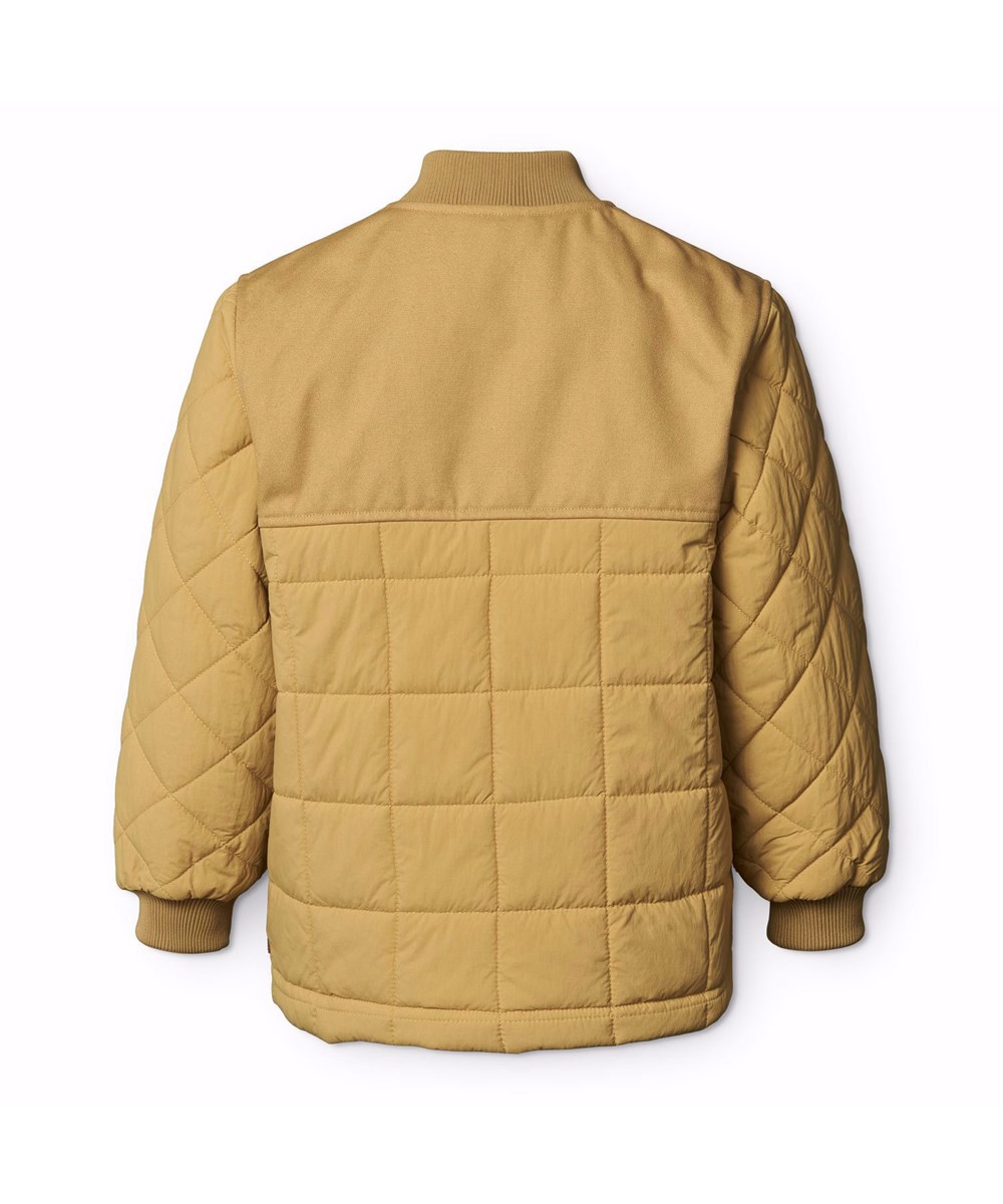 Harold - Suede - Kaki-färgad, vadderad, vattenavvisande termojacka för barn i återvunnen nylon med canvasdetaljer och en dragkedja på bröstfickan.