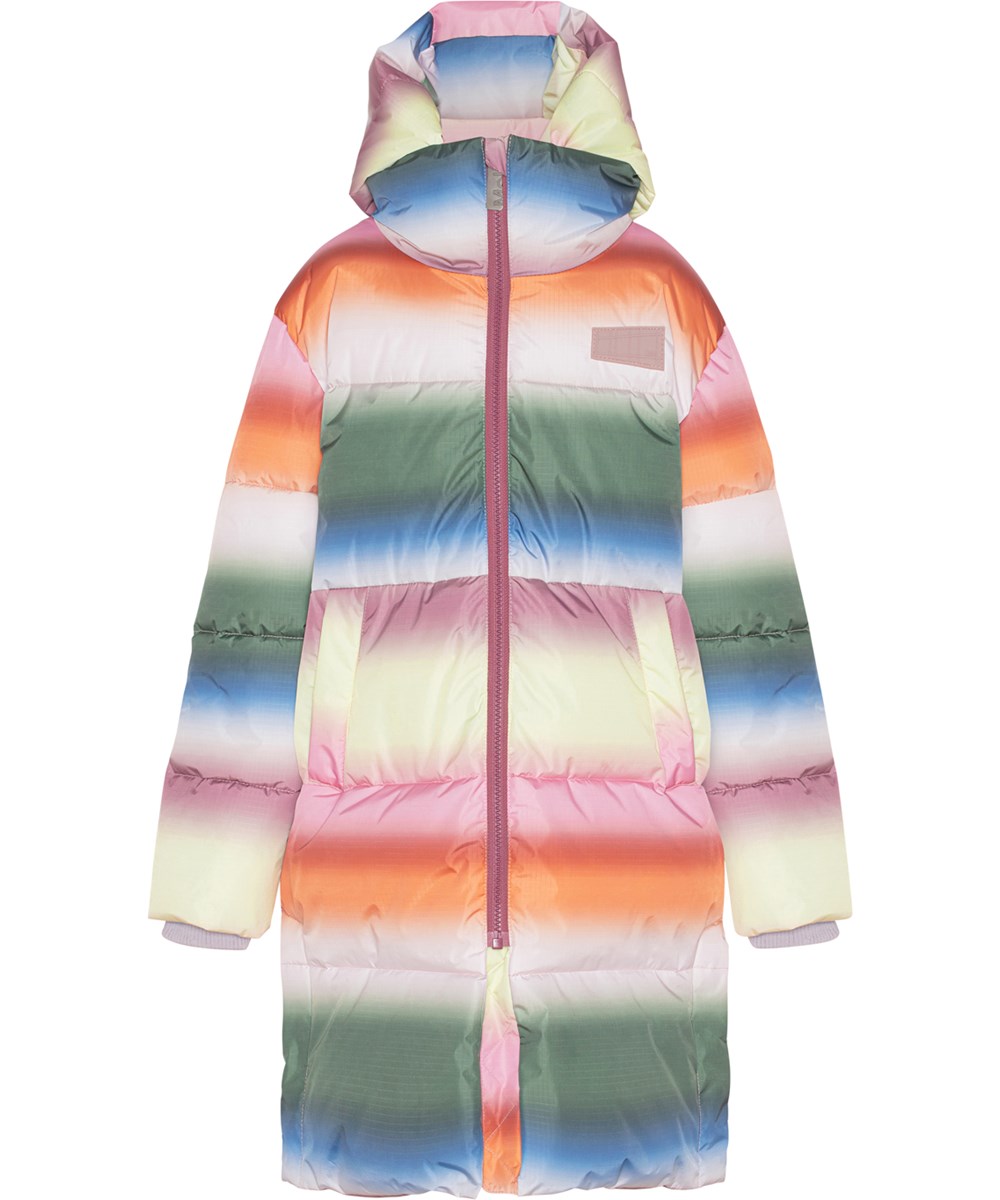 Harper - Misty Rainbow - Återvunnen dunkappa i pastelfärgat regnbågsmönster.