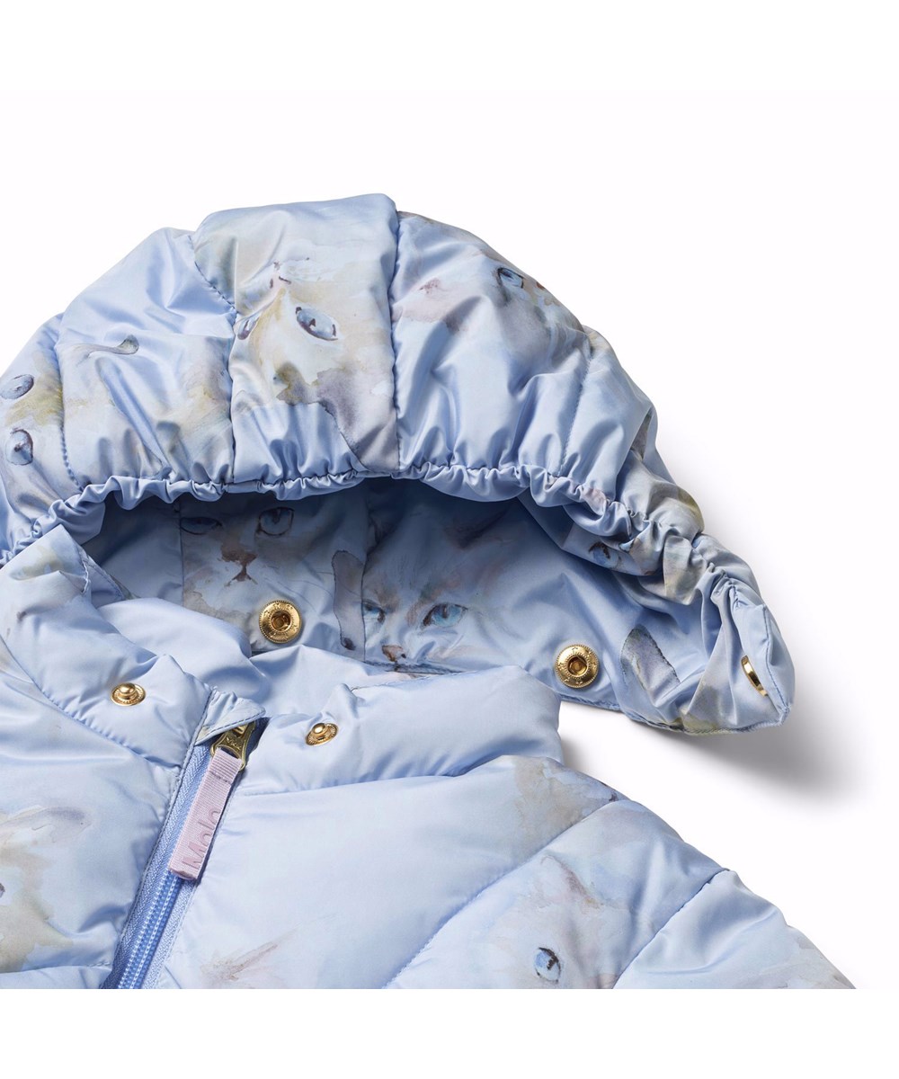 Harpo - Aquarelle Blue - Vattenavvisande ljusblå jacka för baby och småbarn i återvunnen polyester med ett tryck av kattansikten.