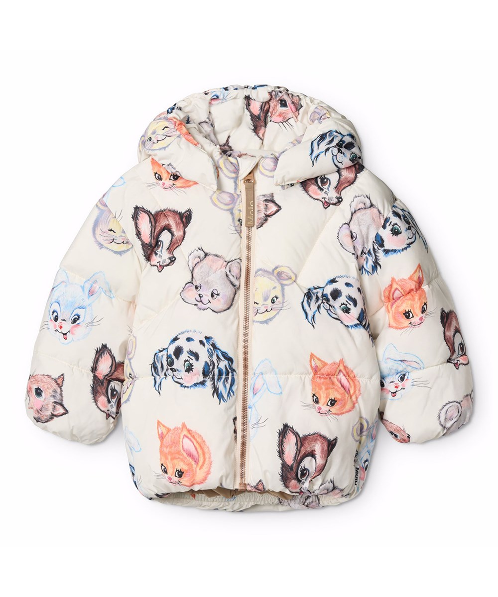 Harpo - Itty Bitty Vanilla - off-white vattenavvisande jacka för de små gjord av återvunnen polyester med färgglada djur från gamla tecknade serier och en avtagbar huva.