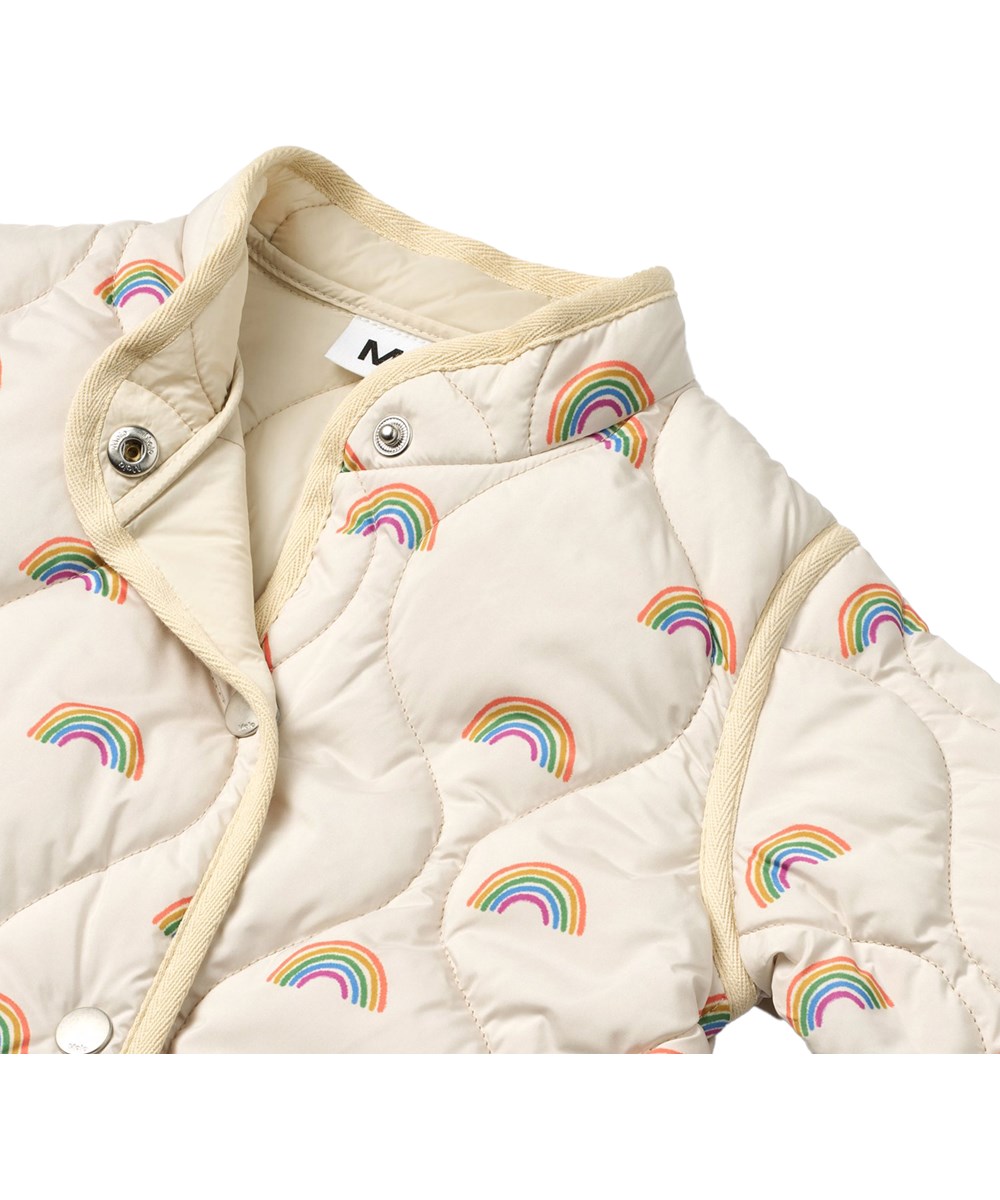 Harrie - Small Rainbows - Beige vattenavvisande termojacka av återvunnen nylon med regnbågsprint för barn