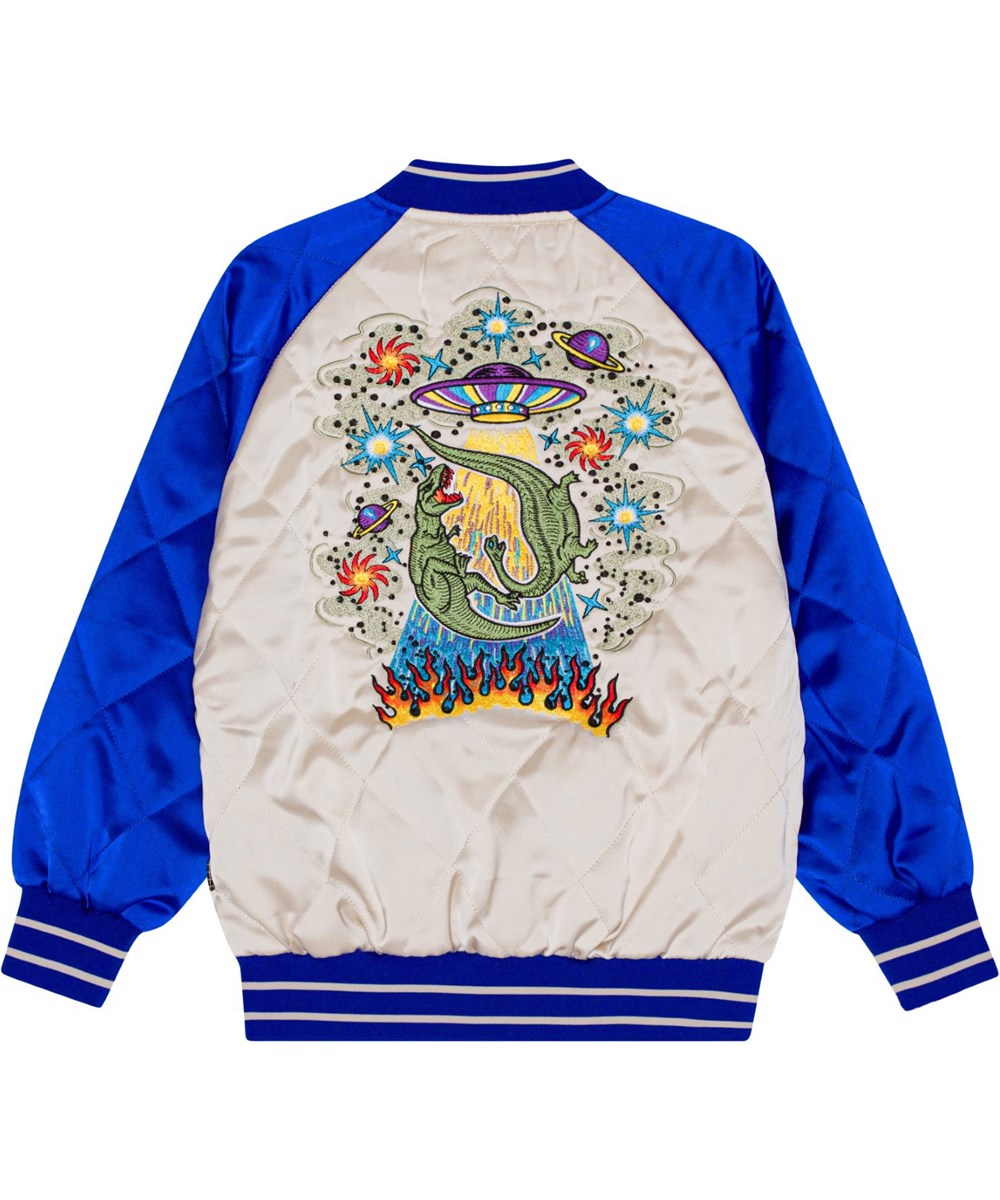 Haru - Summer Sand - Quiltad bomberjacka i blå och råvit med broderad rygg med UFO, dinosaurie och eld.