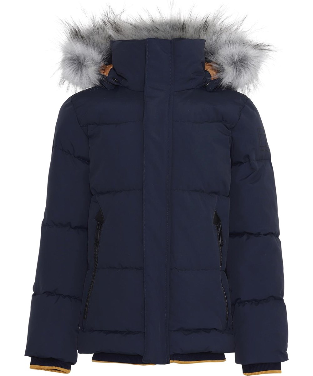 Herbert - Dark Navy - Mörkblå vinterjacka med fuskpäls.