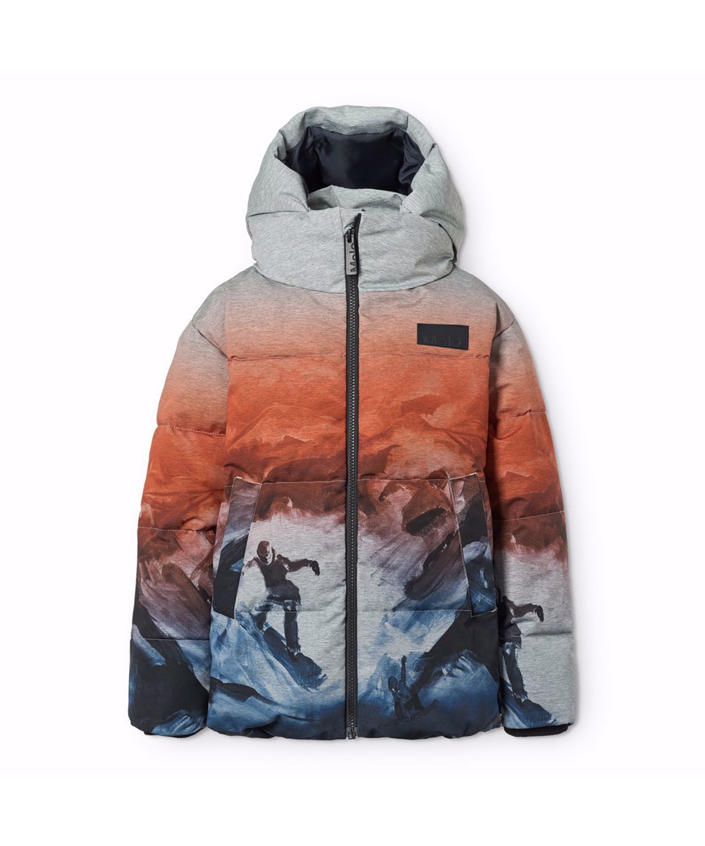 Hilo - Sunrise - Grå, orange och blå jacka för barn i återvunnen polyester med en praktisk dragkedja, hög krage och avtagbar huva.